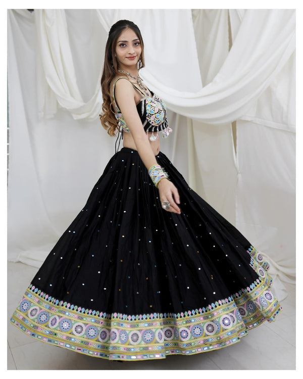 Black Color Digital Printed Mirror Work Navratri Lehenga Choli