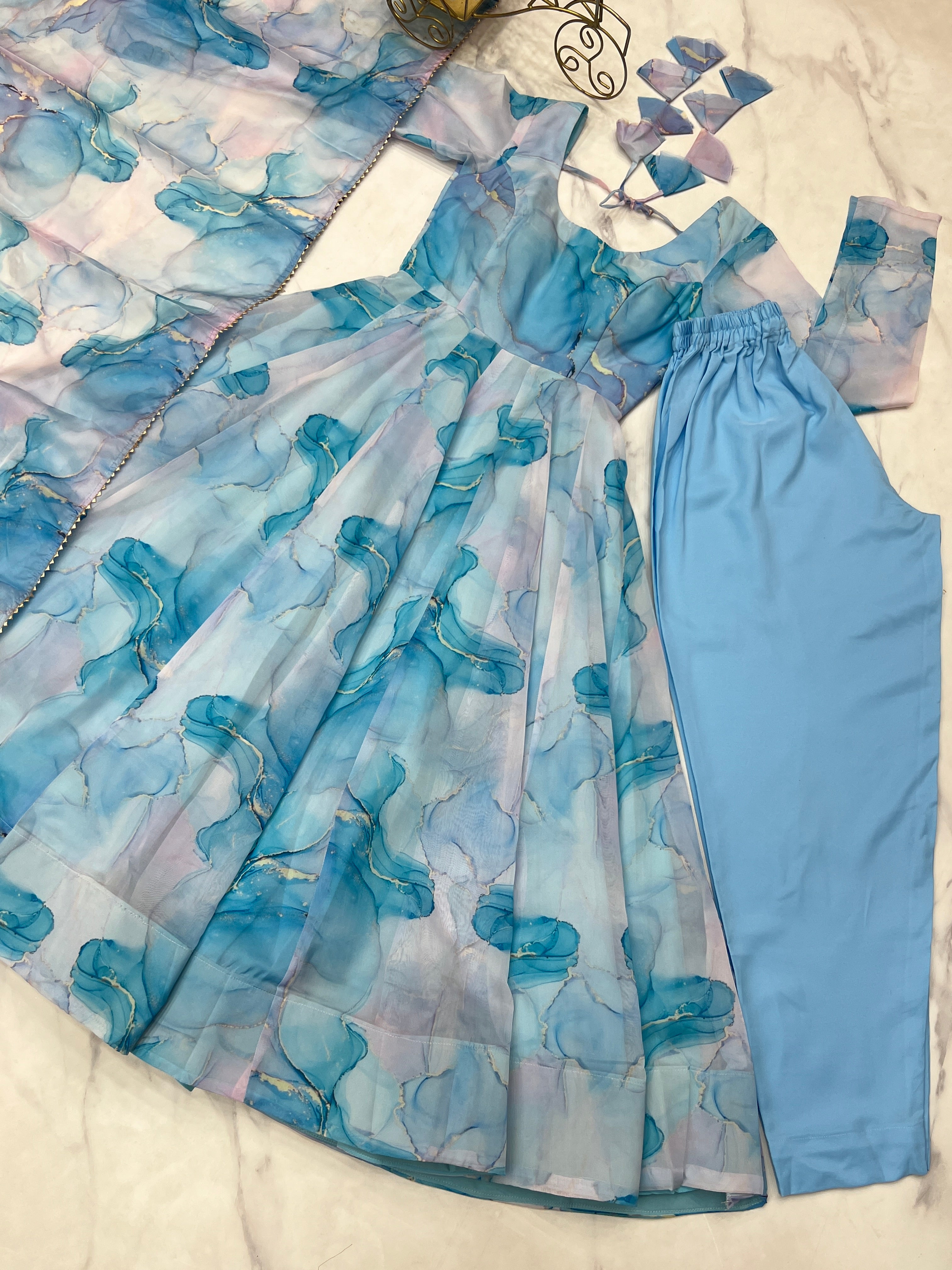 Light Blue Color Organza Printed Designer Casual Gown