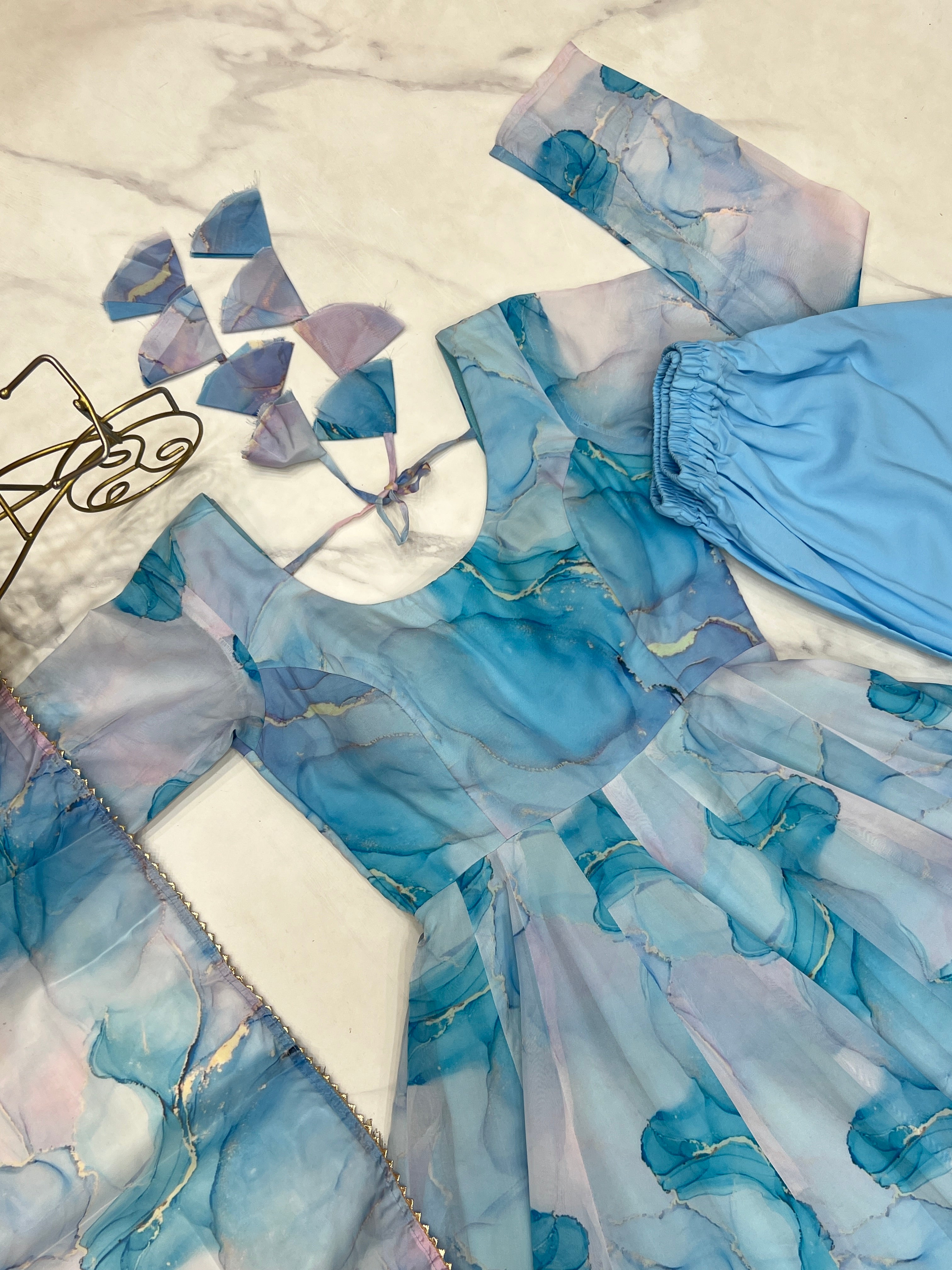 Light Blue Color Organza Printed Designer Casual Gown