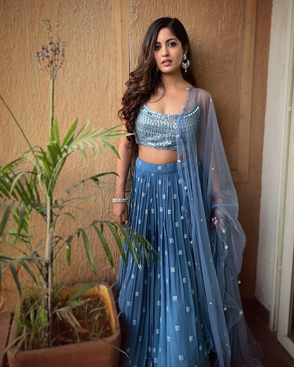Dark Sky Blue Gorggette  Wedding Special Lehenga Choli Set With  Sequence With Thread  Work
