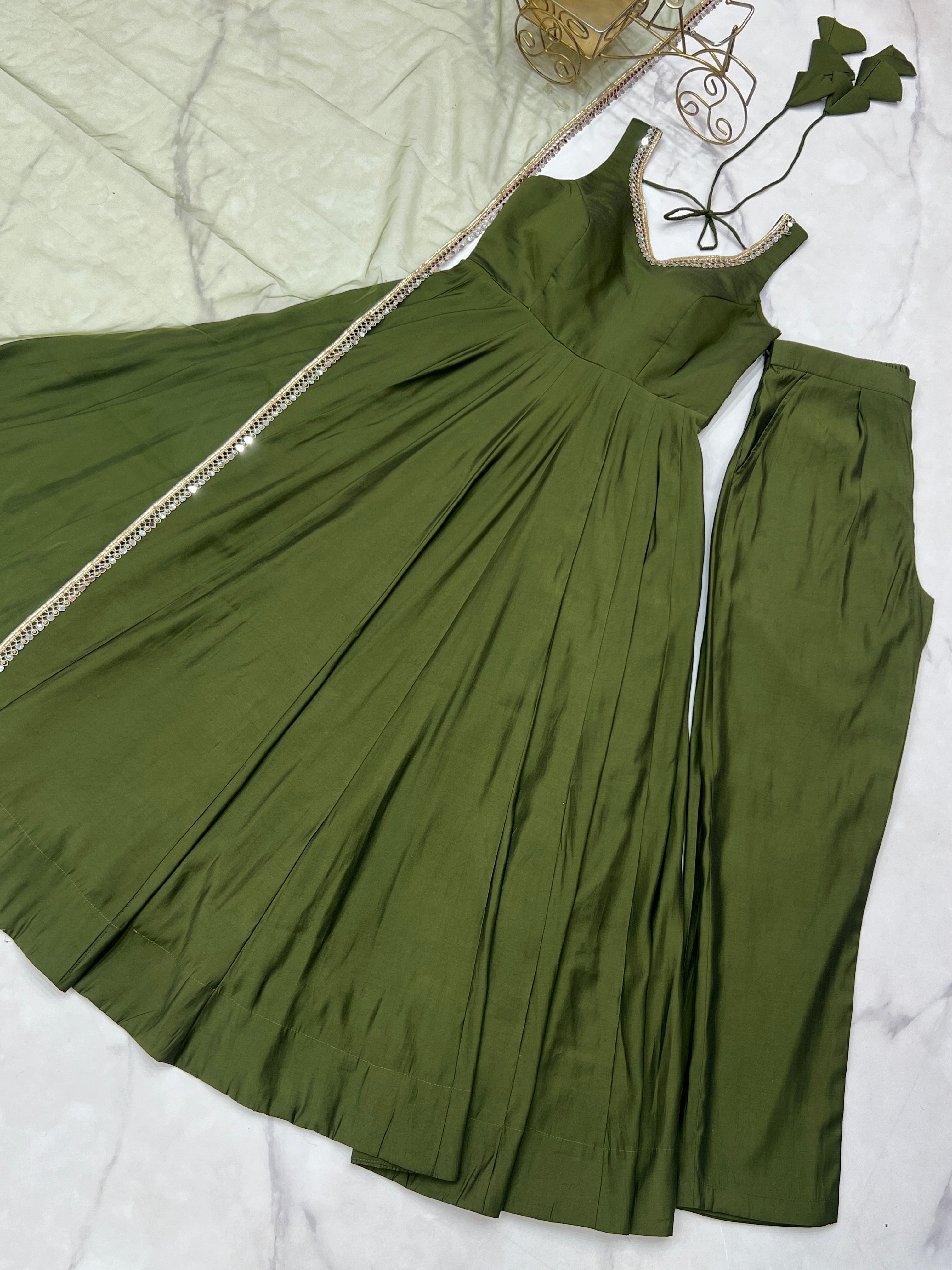 Green Color Silk Chanderi Designer Anarkali Dress