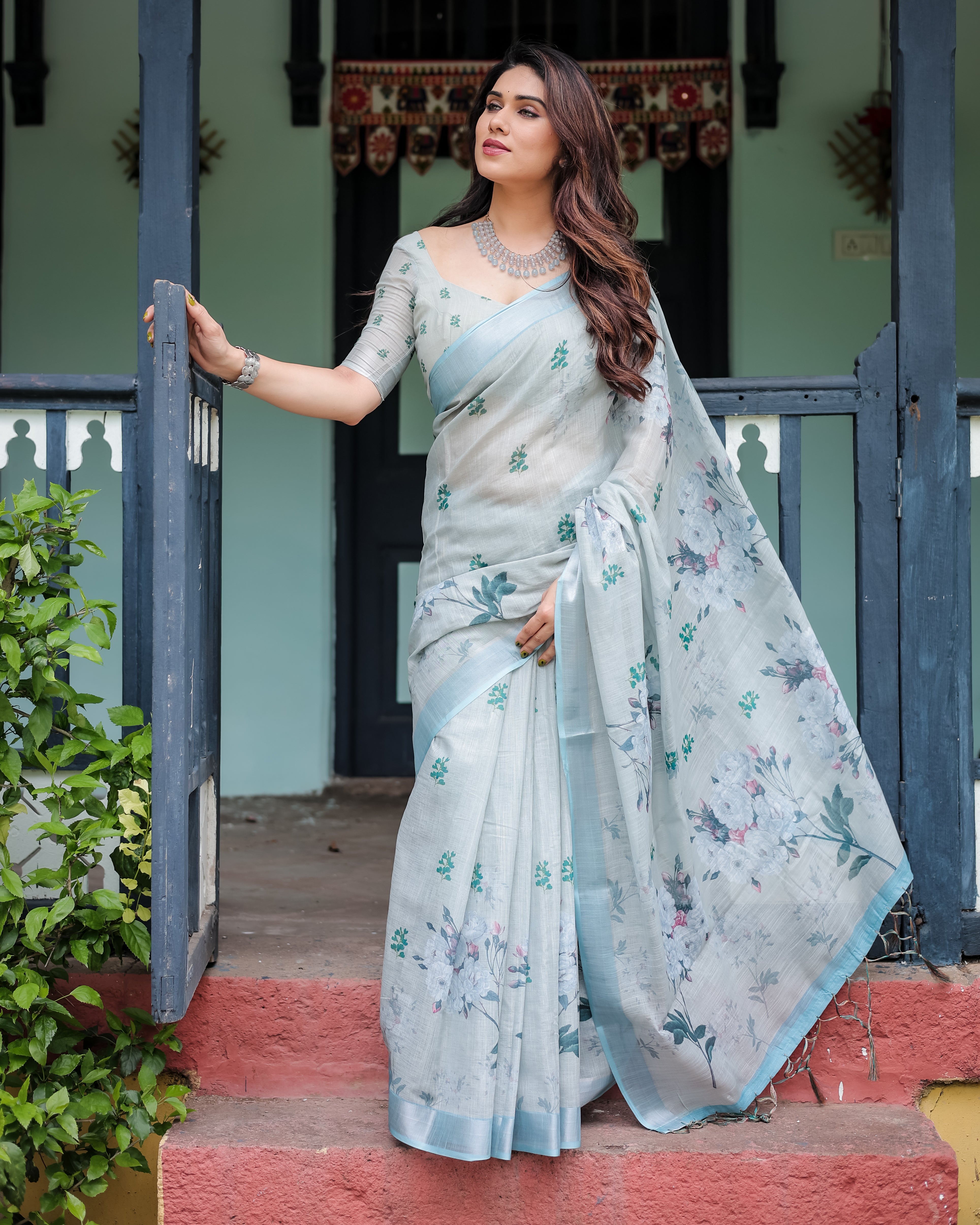 Patel Blue Color Floral Printed Linen Saree