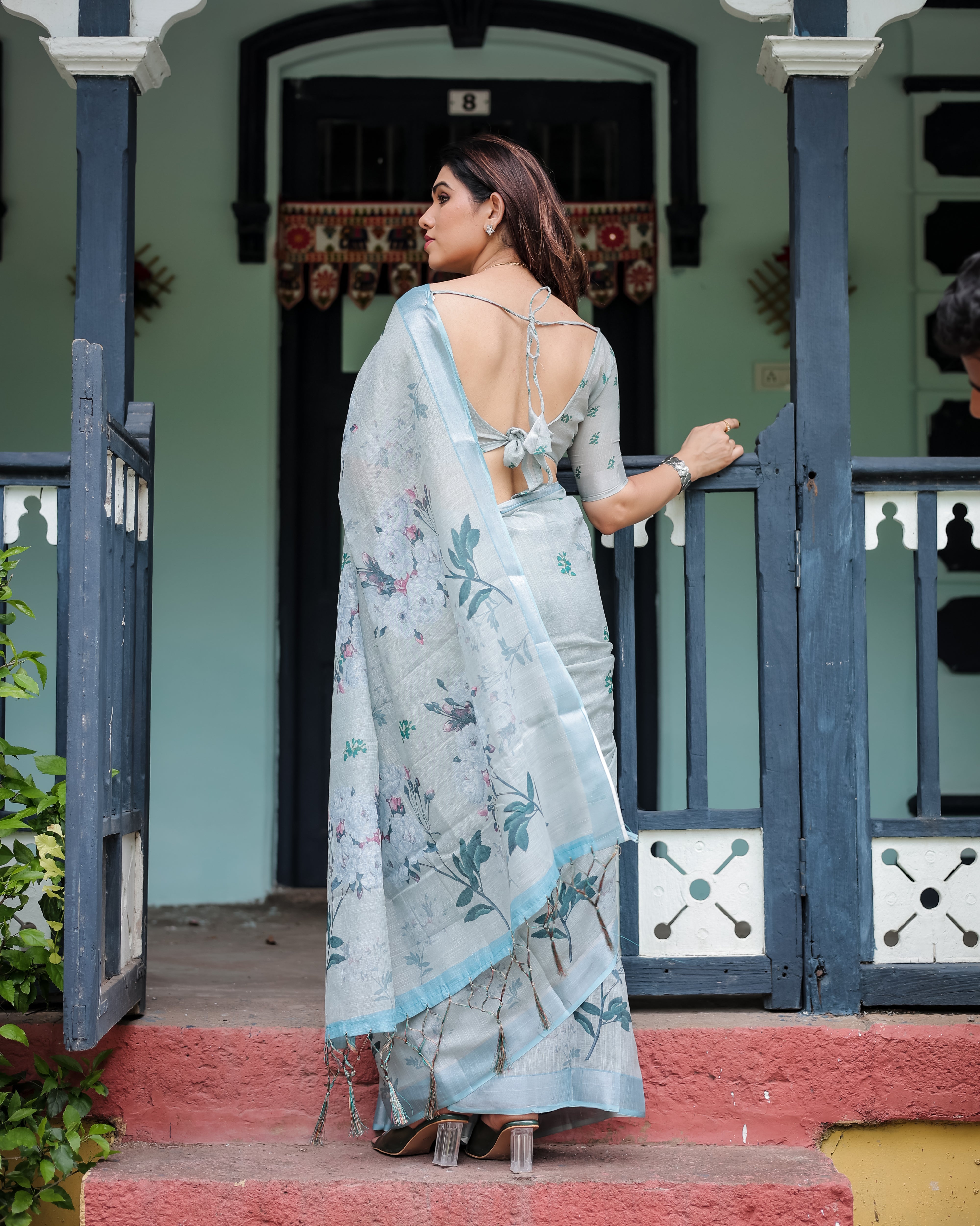 Patel Blue Color Floral Printed Linen Saree