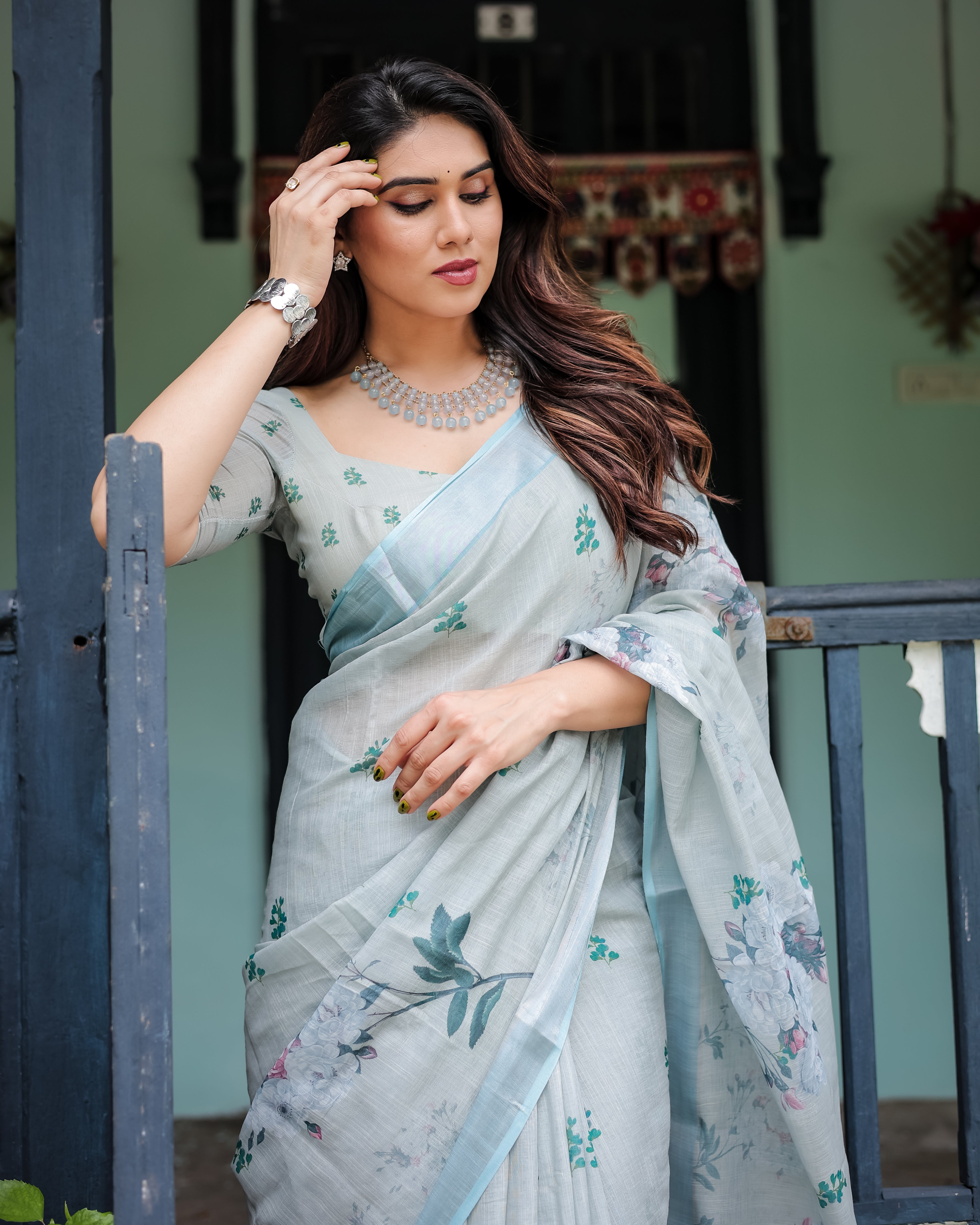 Patel Blue Color Floral Printed Linen Saree