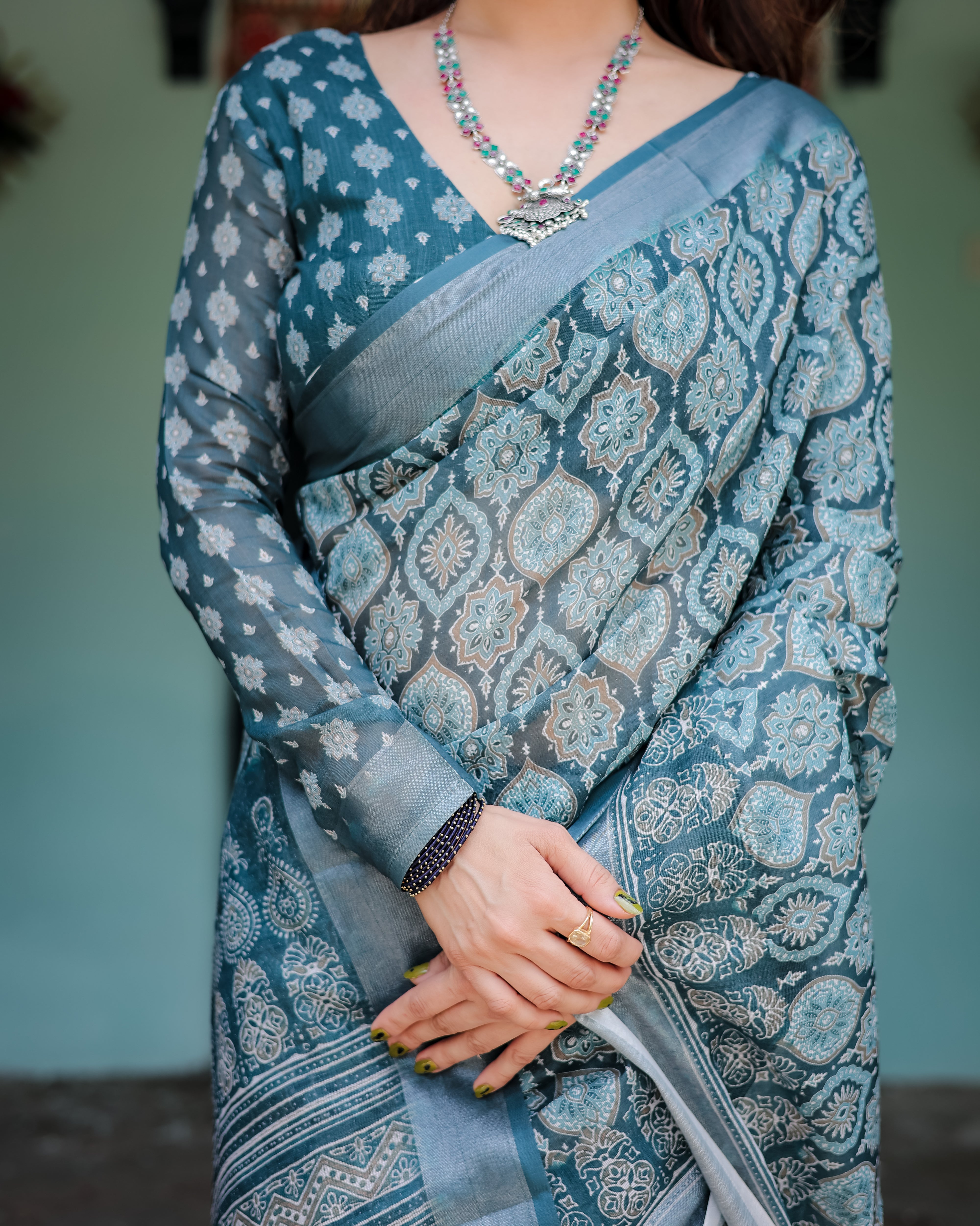 Deep Teal Blue Linen Printed Premium Saree