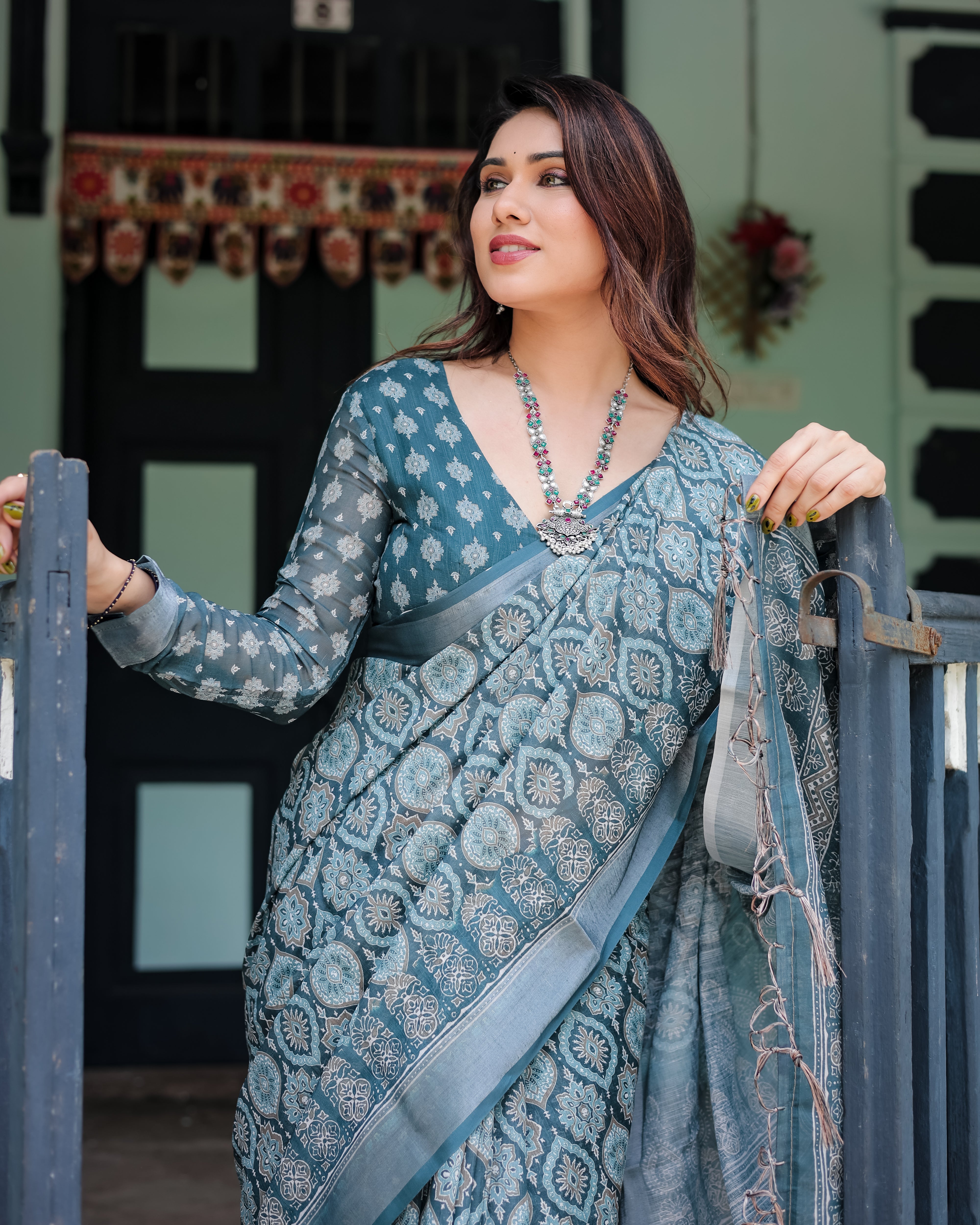 Deep Teal Blue Linen Printed Premium Saree