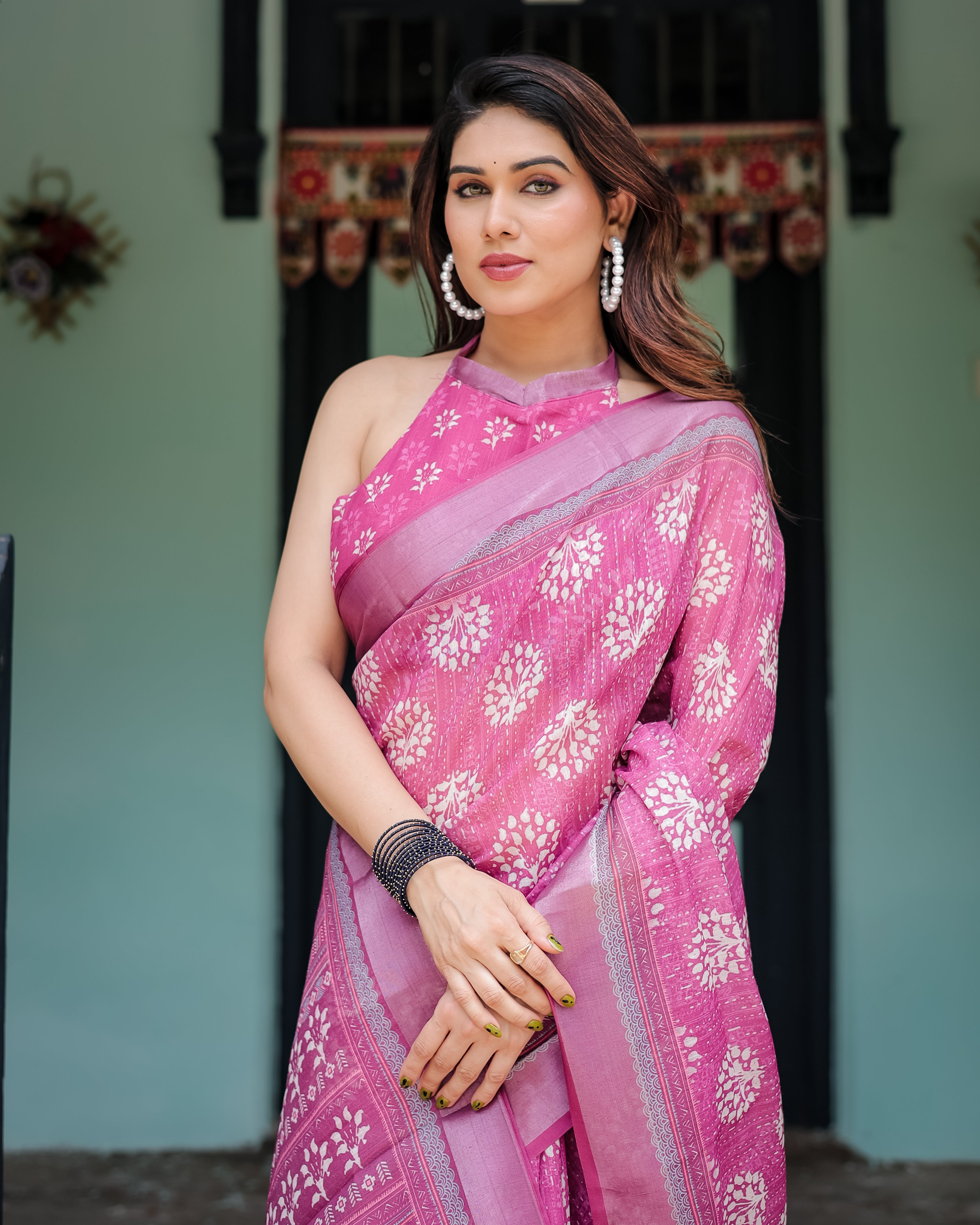 Pink Color Linen Printed Casual Saree