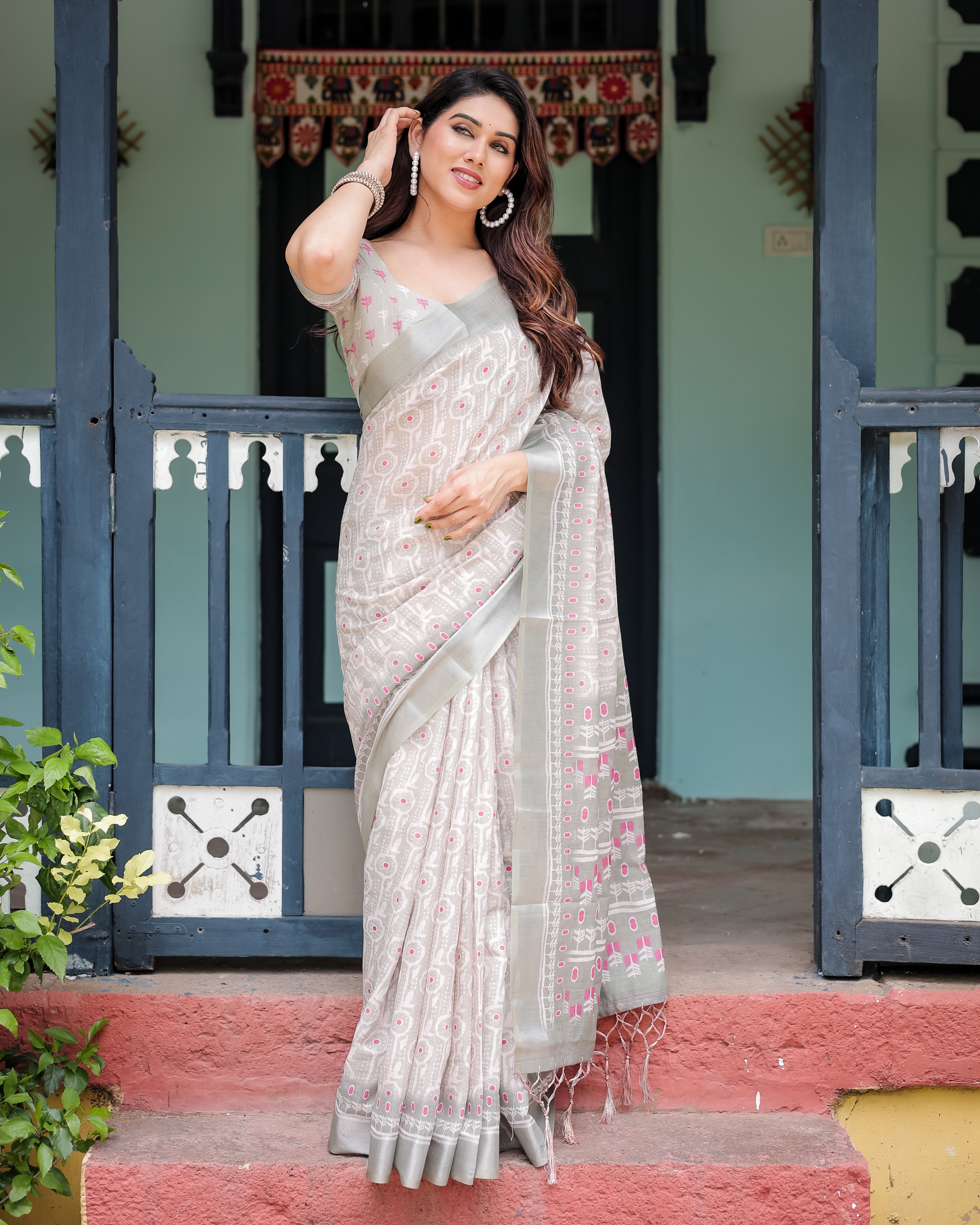 Soft Gray Color Ikat Pattern Printed Linen Saree