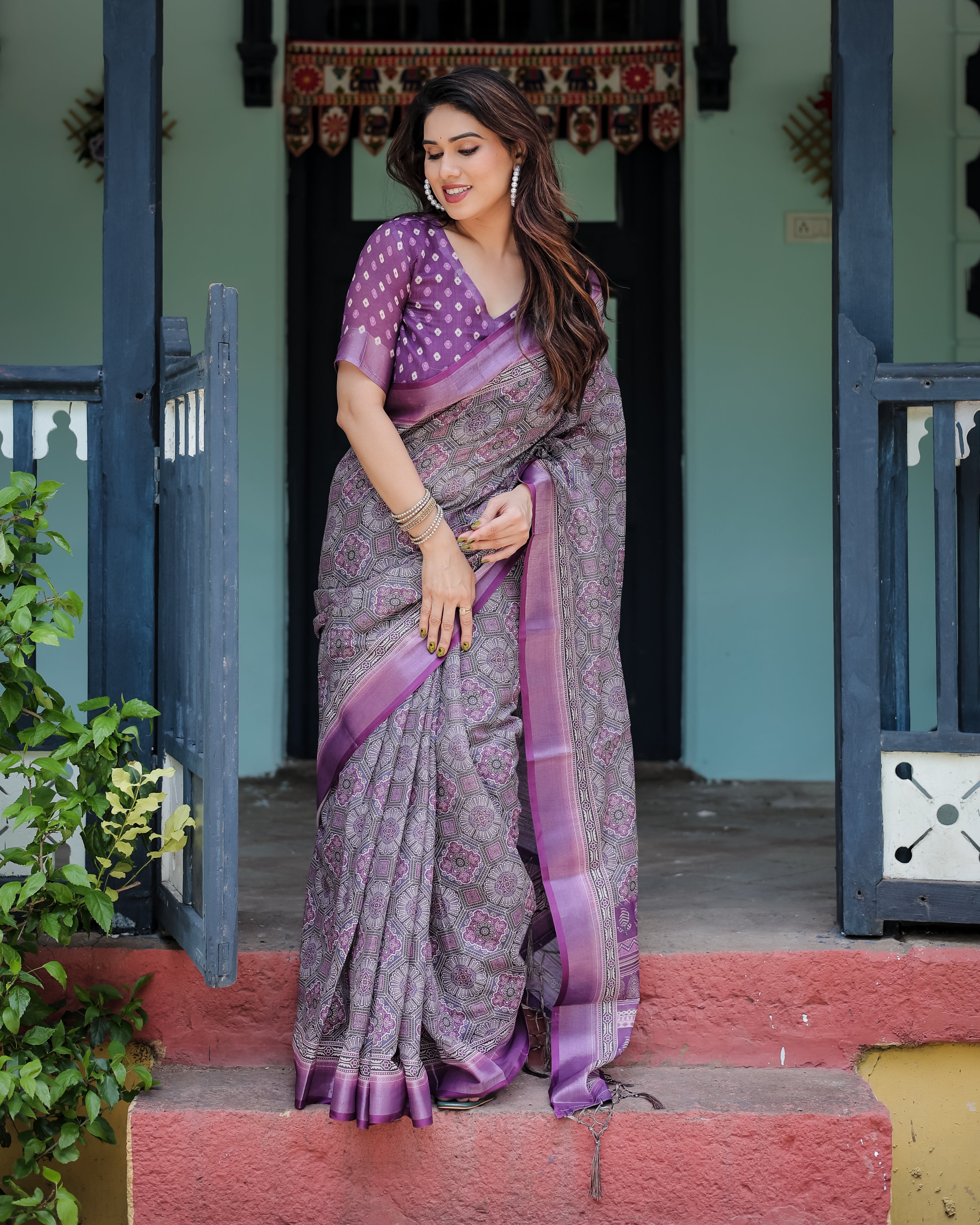 Purple Color Linen Rich Printed Casual Saree