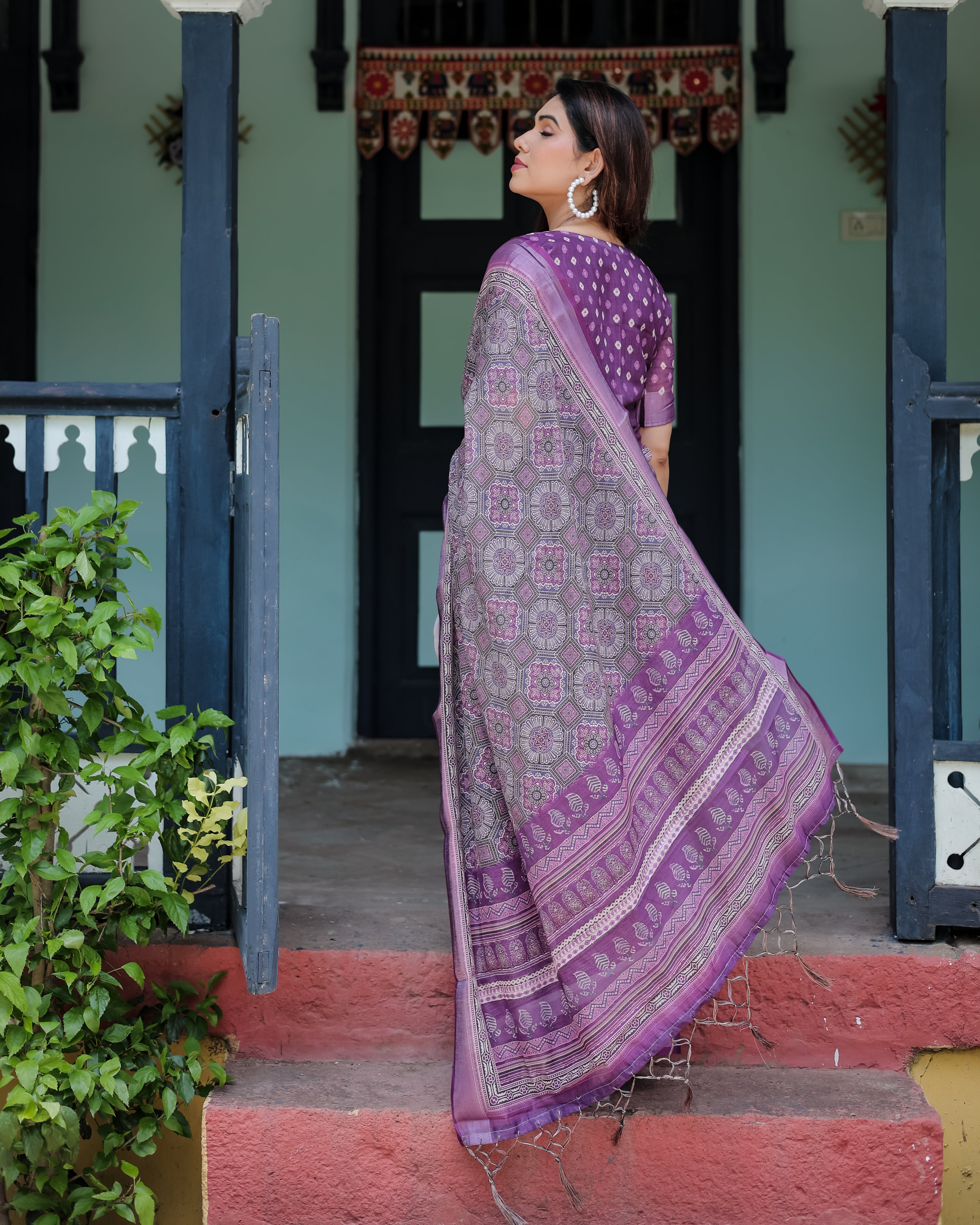 Purple Color Linen Rich Printed Casual Saree