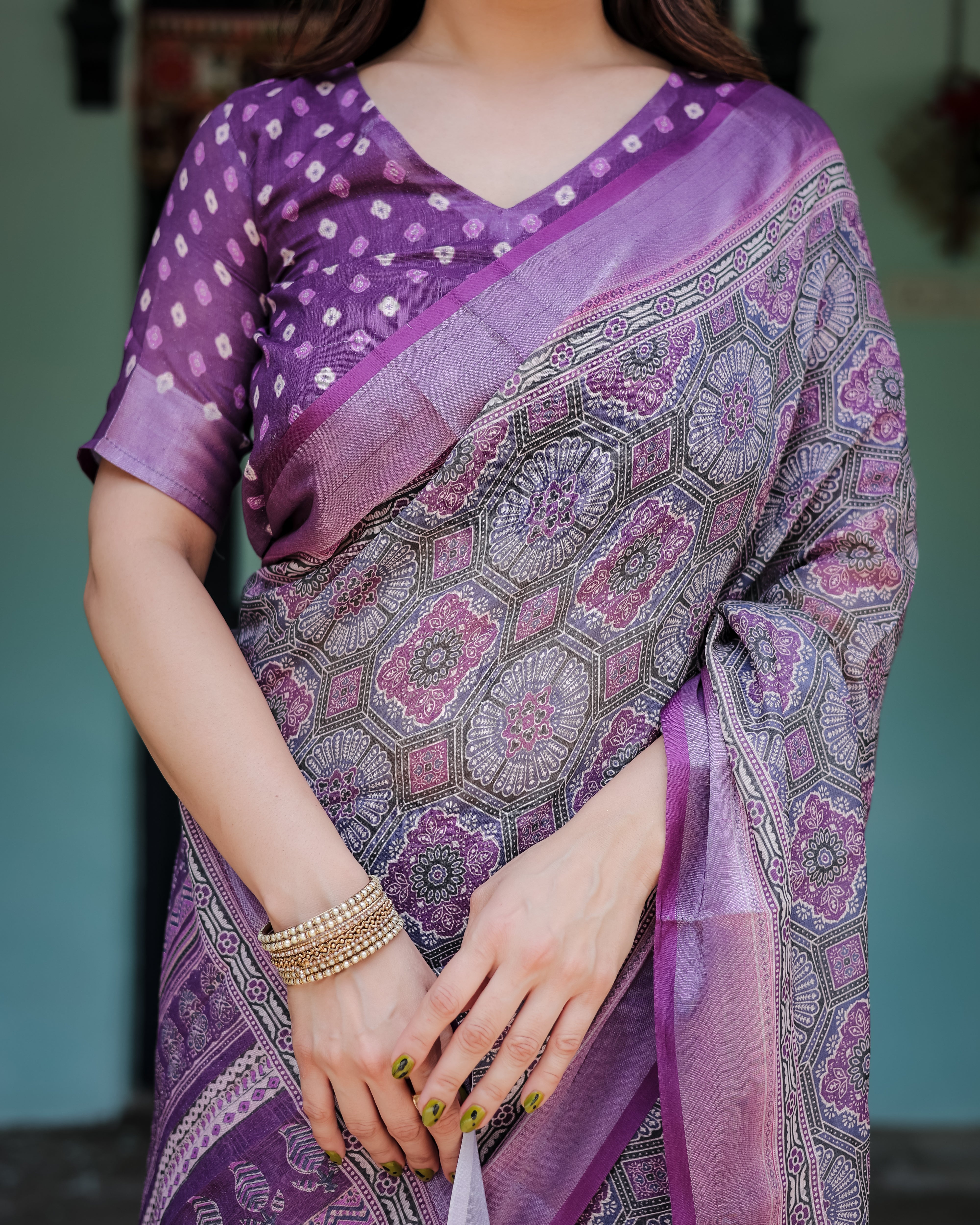 Purple Color Linen Rich Printed Casual Saree