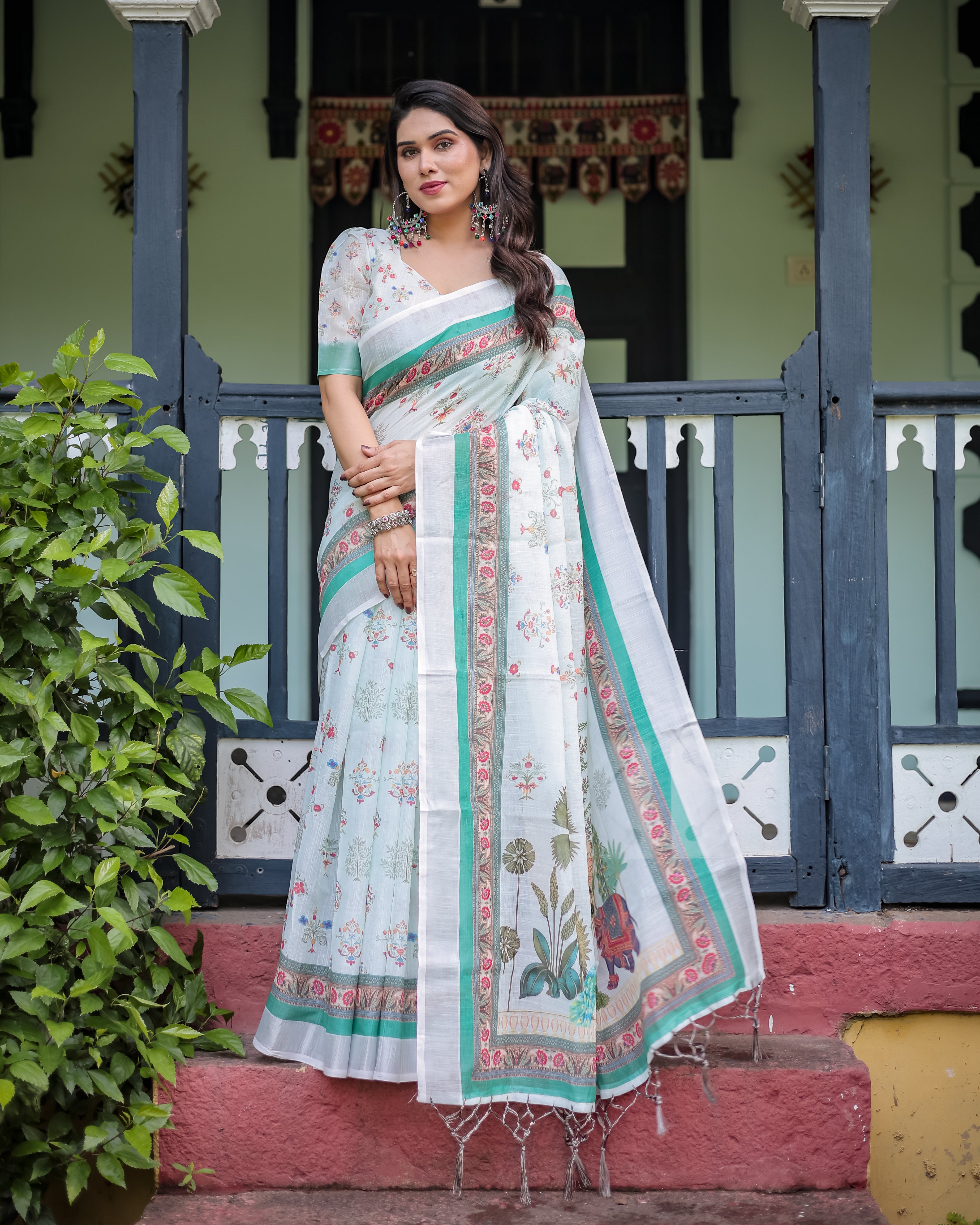 White Color Linen Floral Printed Casual Wear Saree