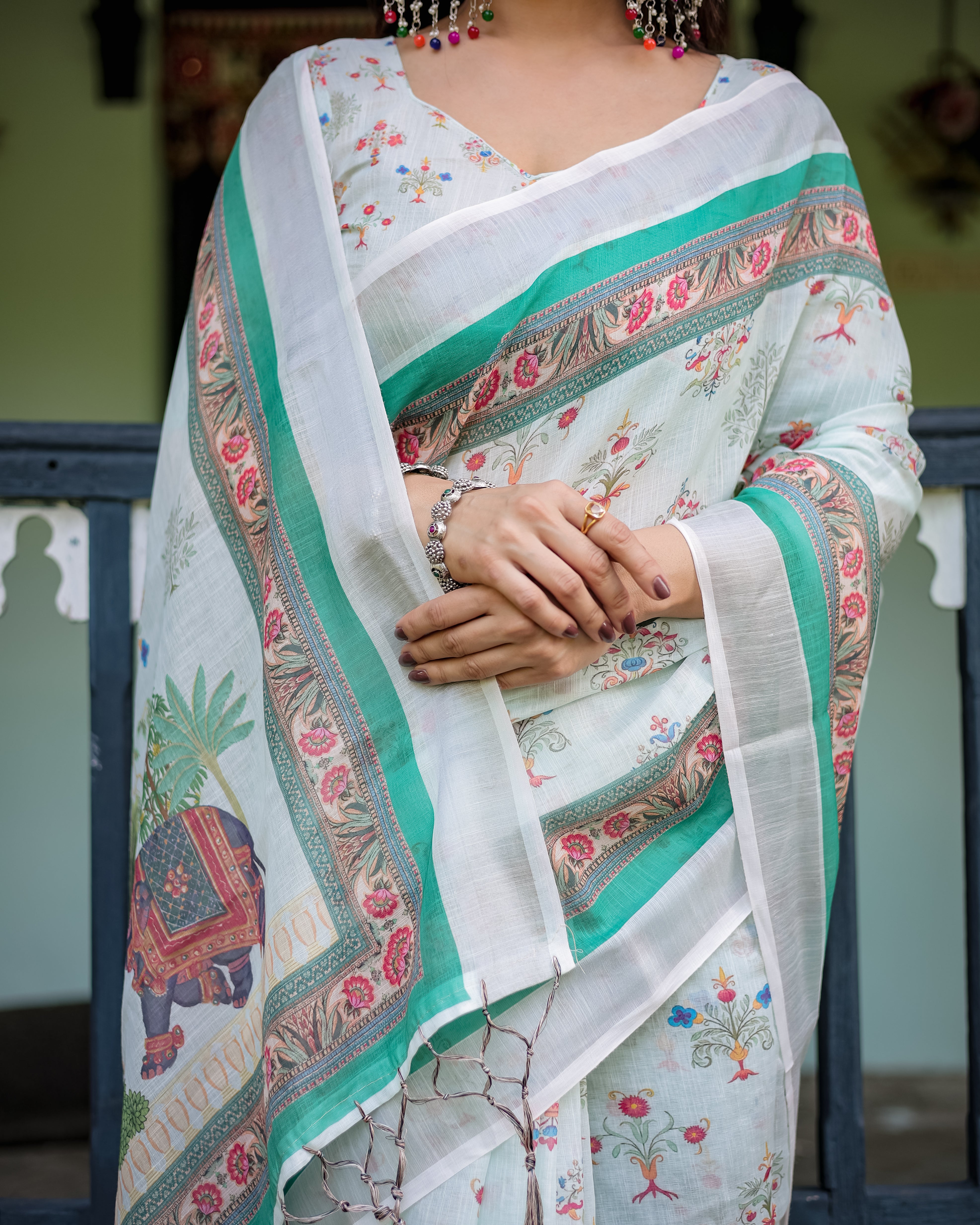 White Color Linen Floral Printed Casual Wear Saree