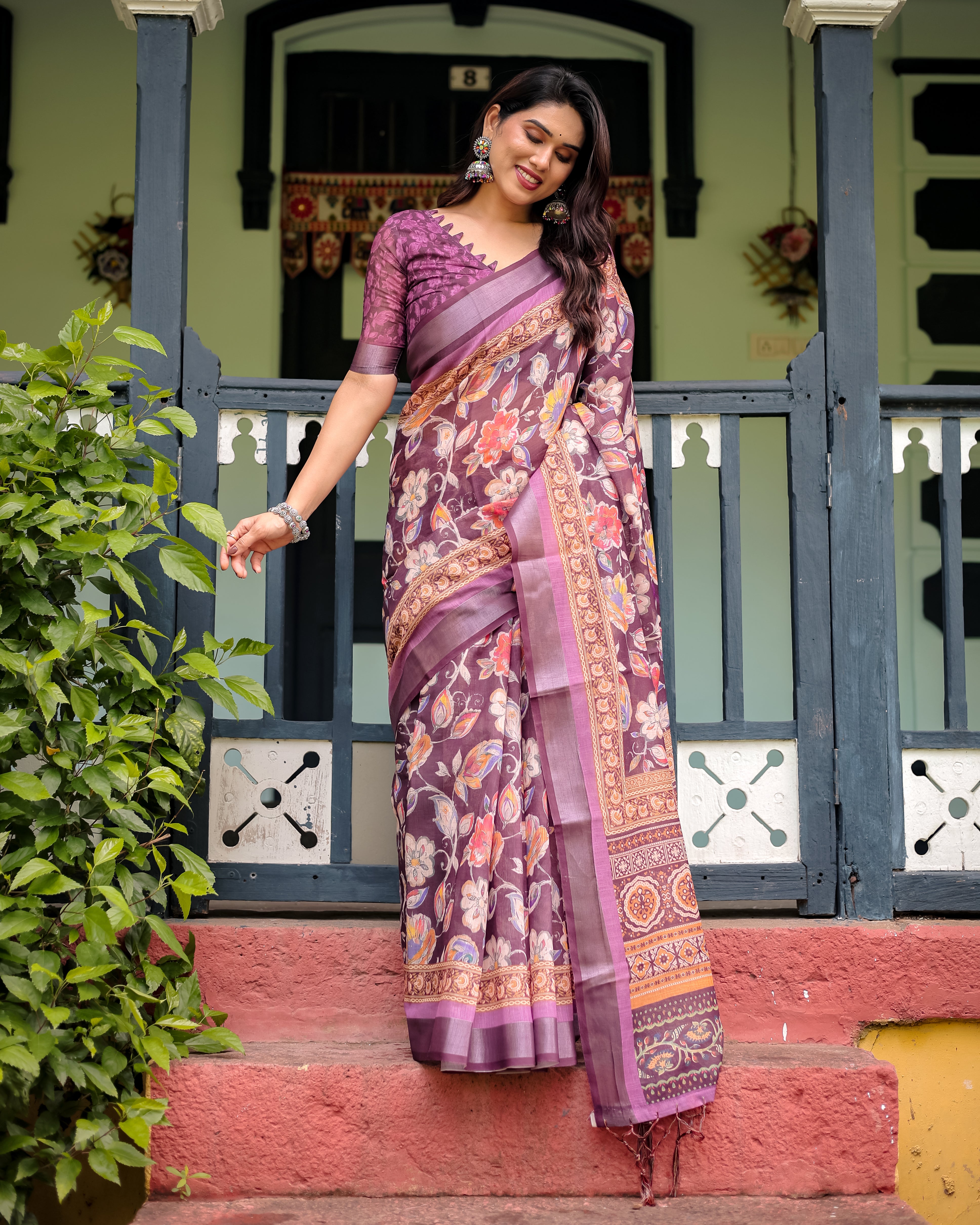 Purple Color Designer Floral Printed Linen Saree