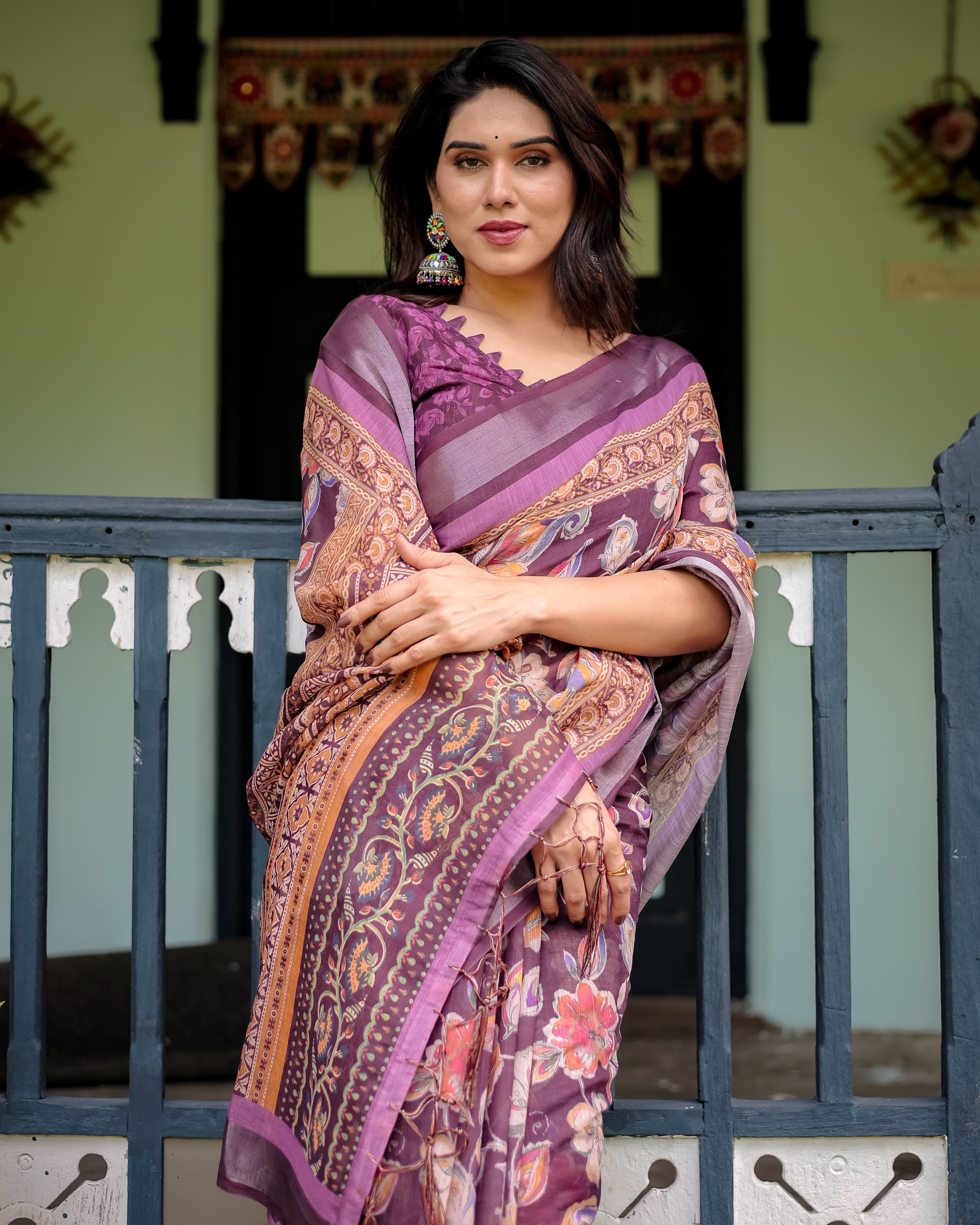 Purple Color Designer Floral Printed Linen Saree