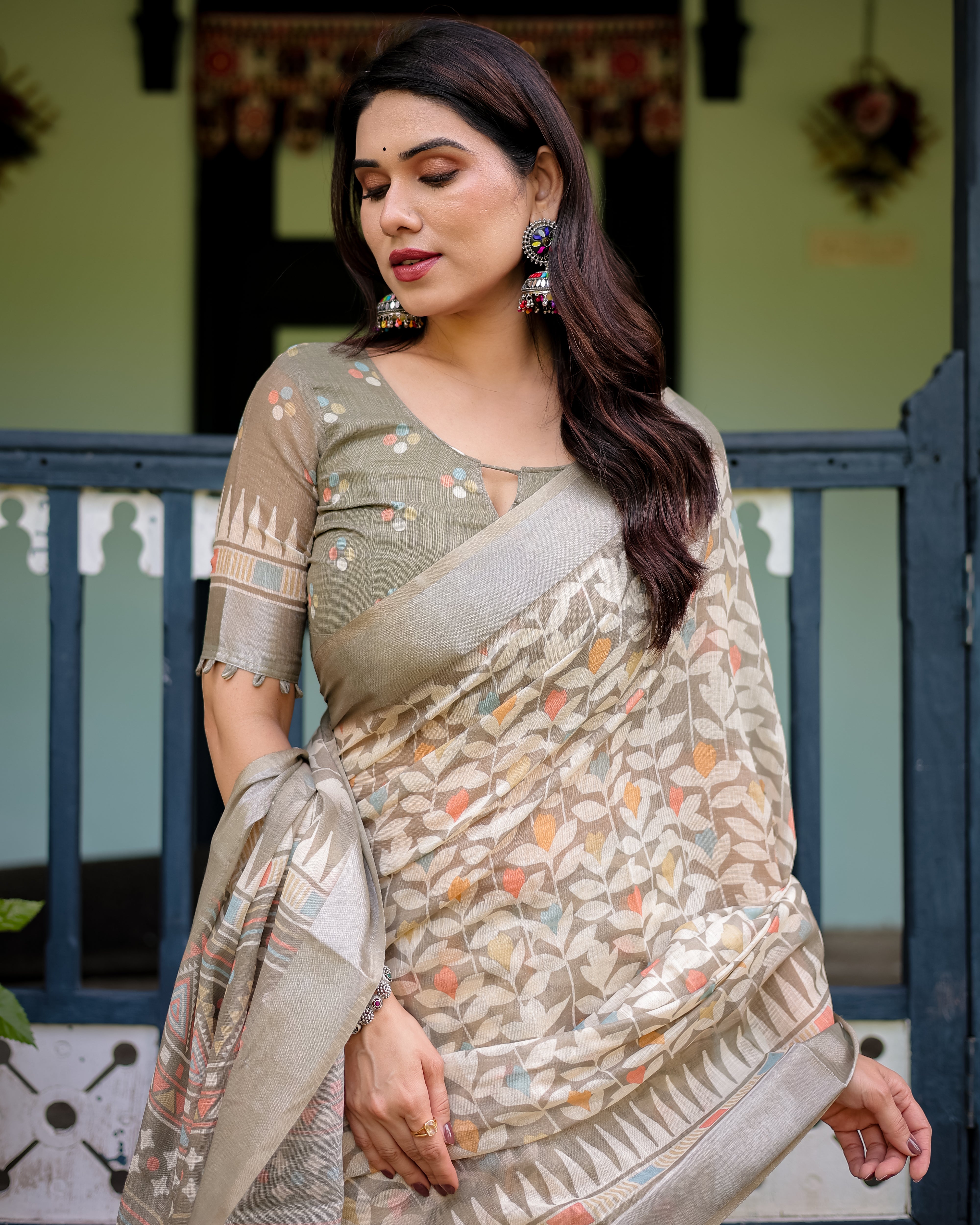 Pista Green Color Linen Printed Saree