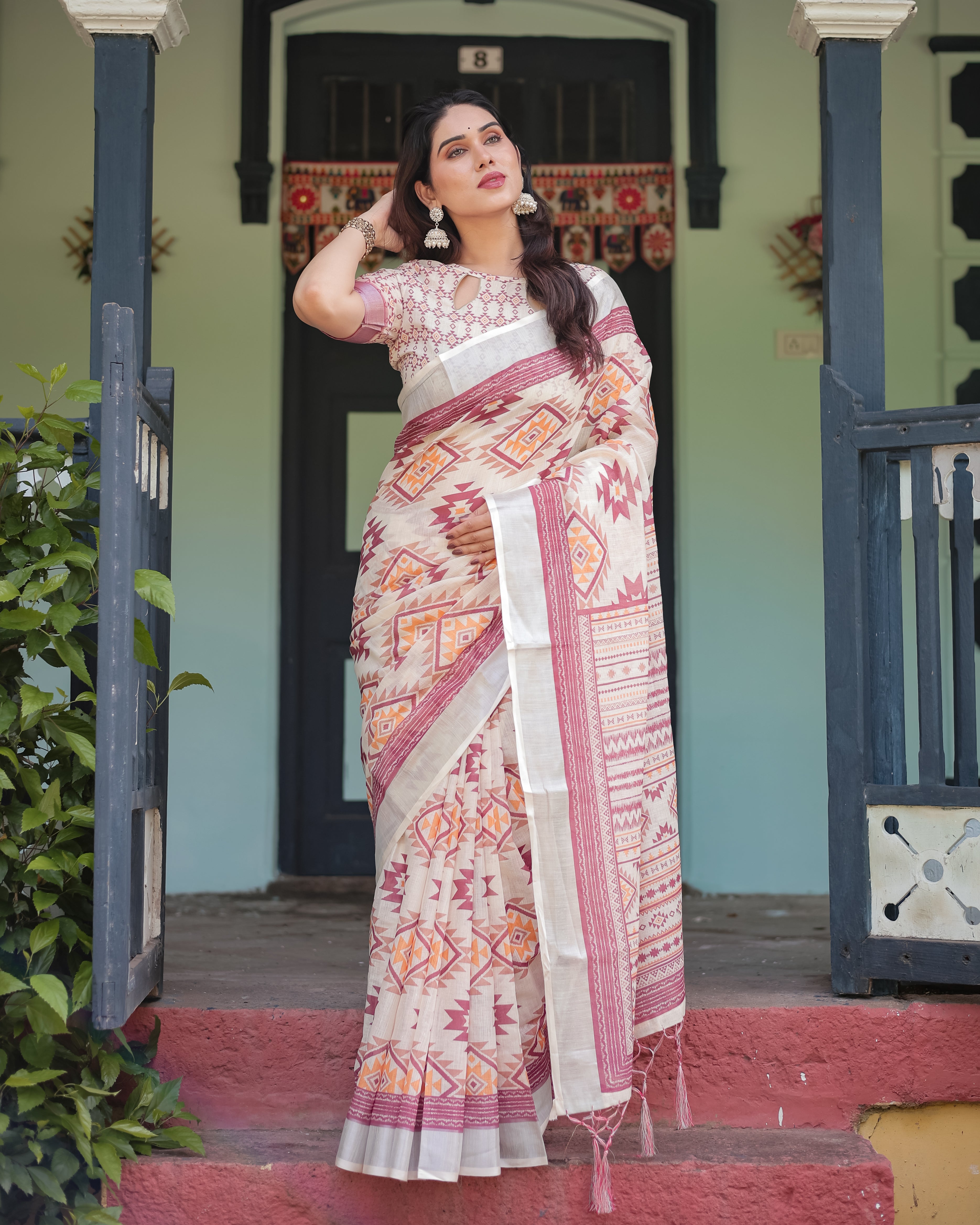 Off White Color Printed Designer Linen Saree