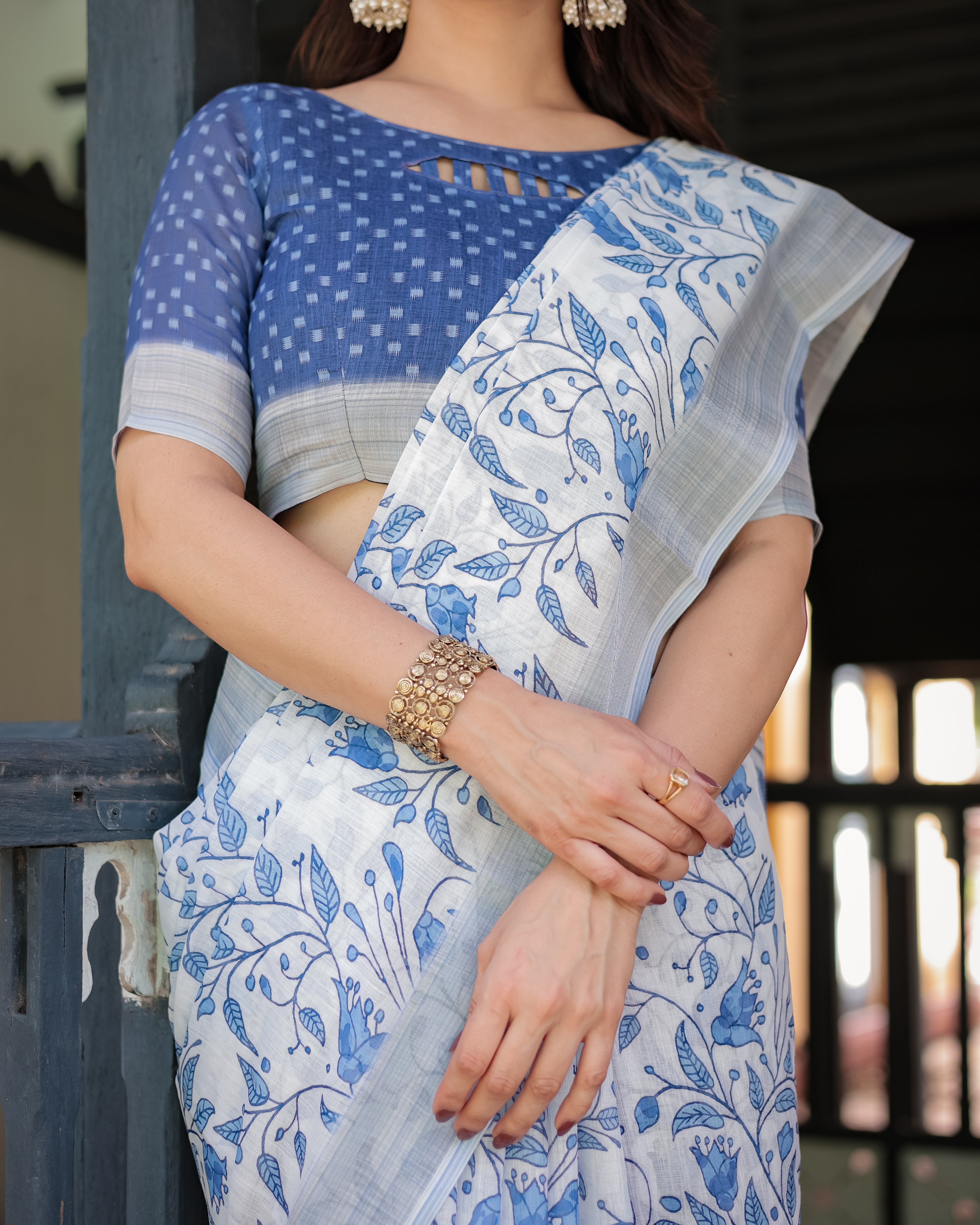 White Color Floral Blue Print Linen Designer Saree