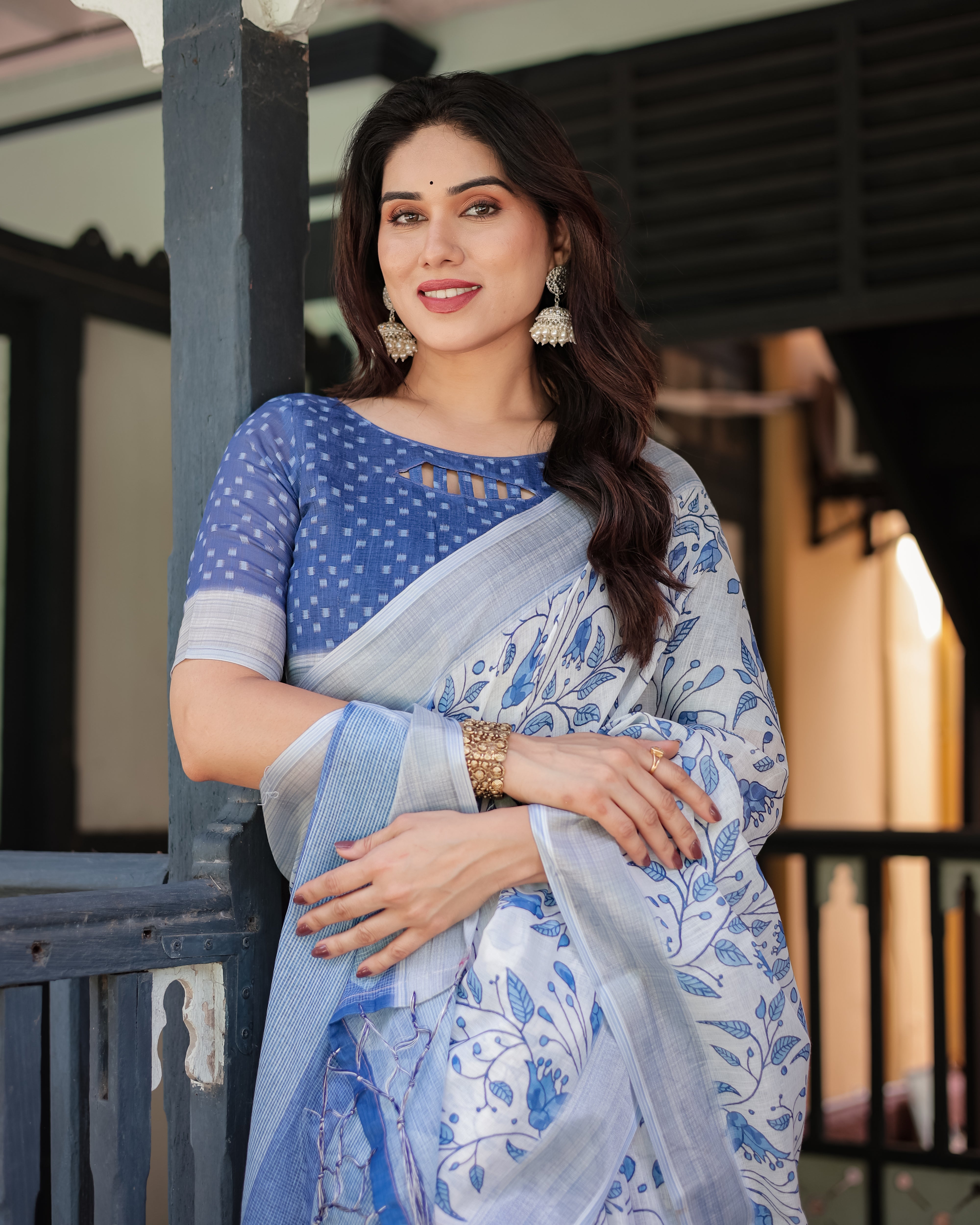 White Color Floral Blue Print Linen Designer Saree