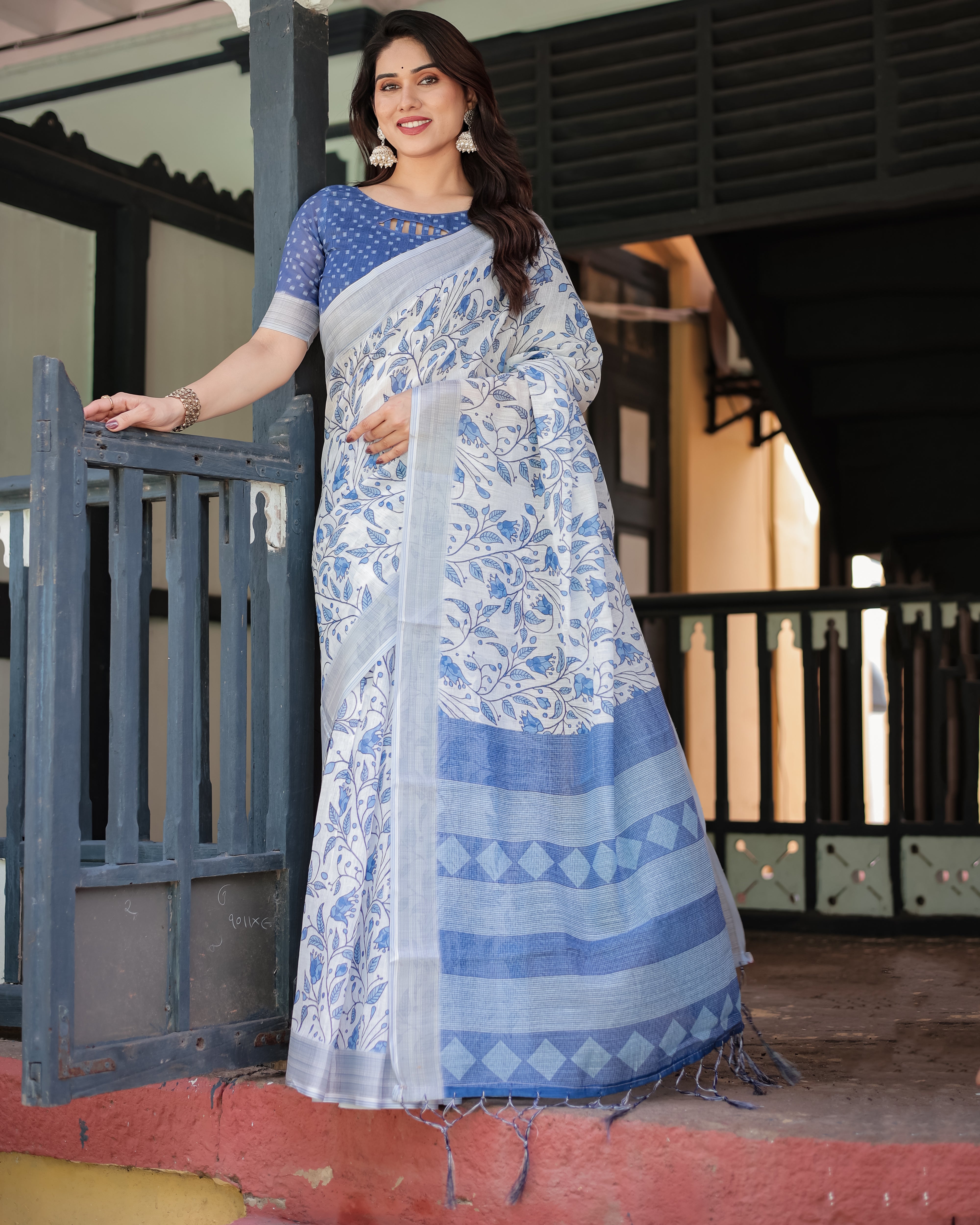 White Color Floral Blue Print Linen Designer Saree