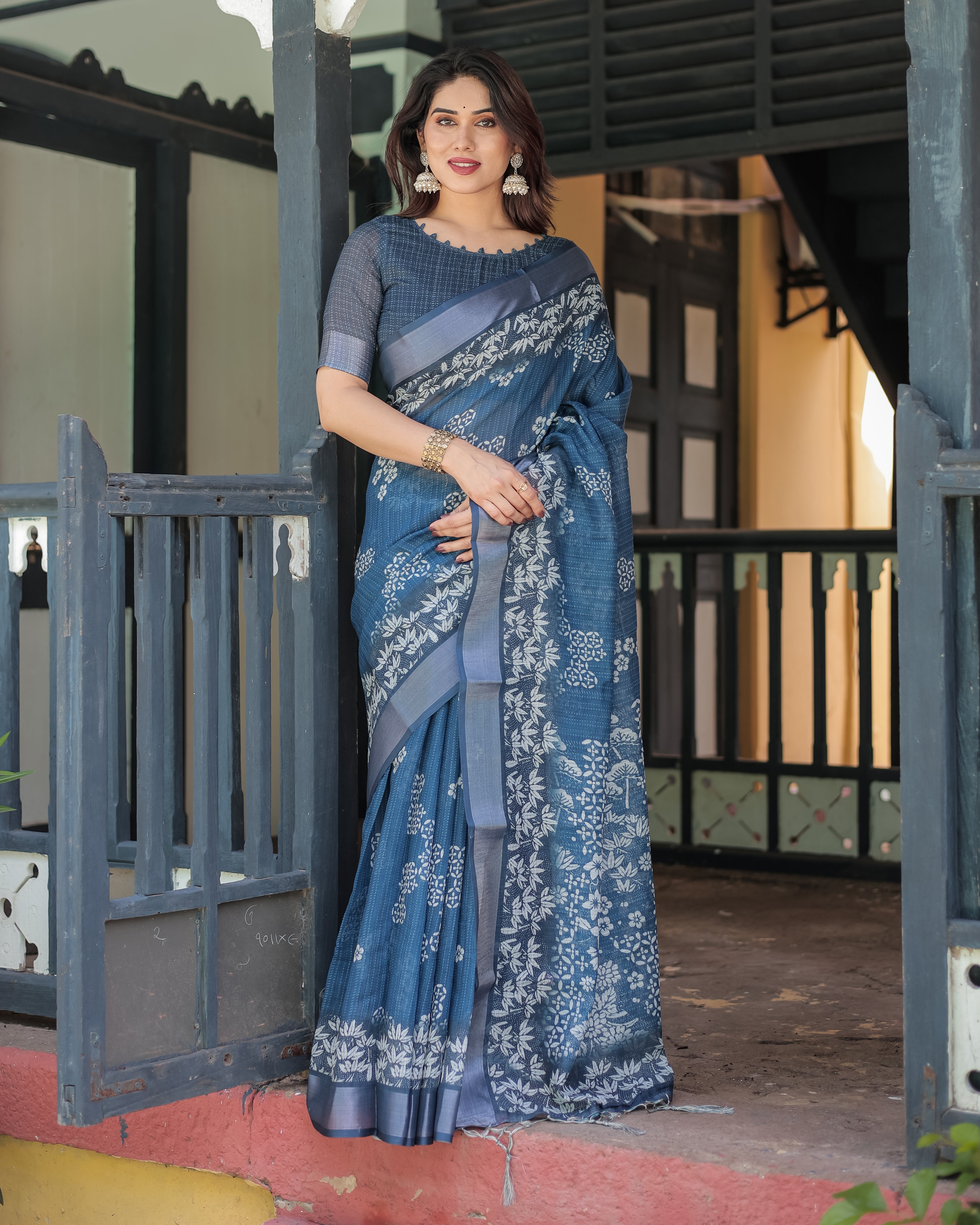 Deep Blue Color Floral Printed Linen Saree