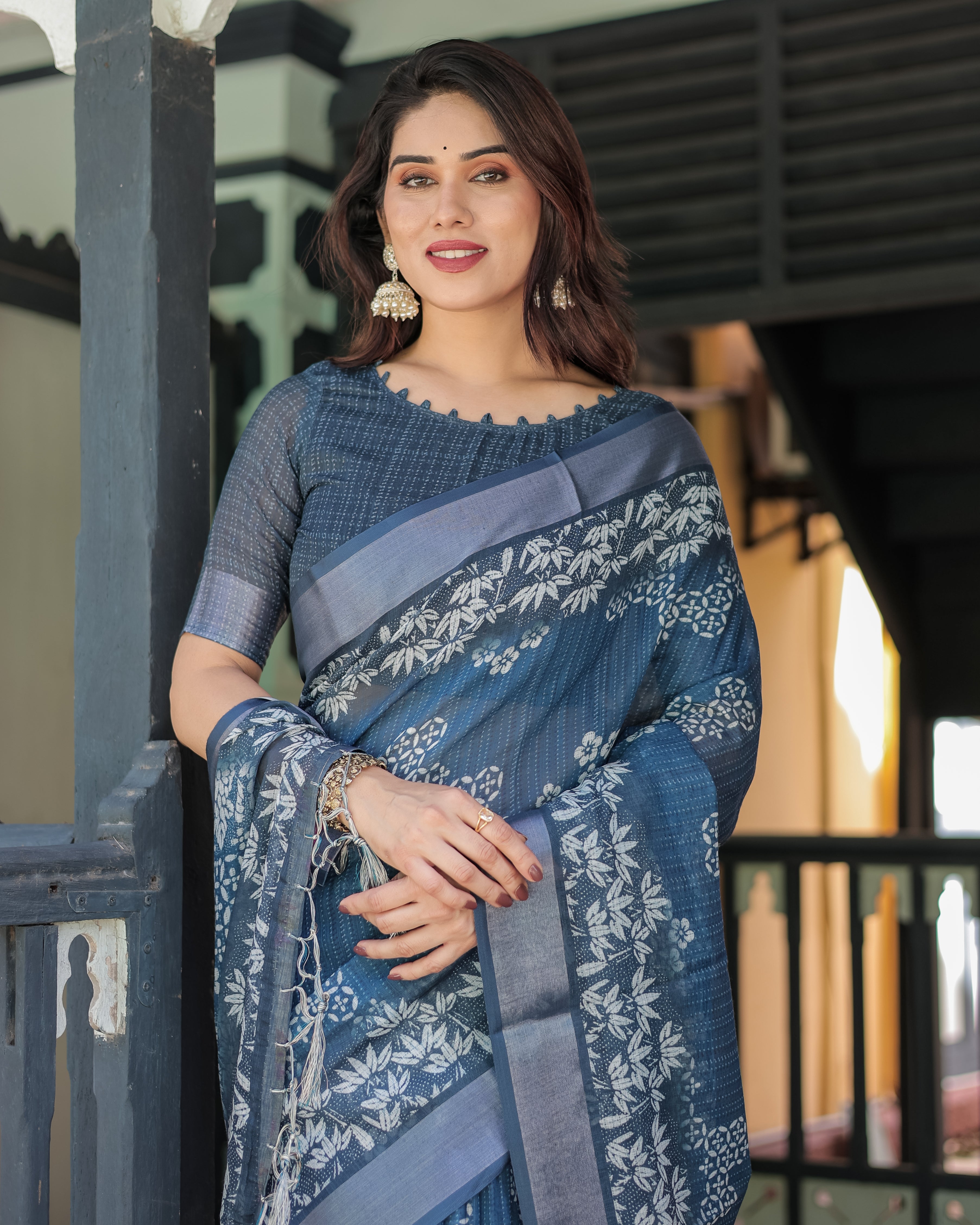 Deep Blue Color Floral Printed Linen Saree