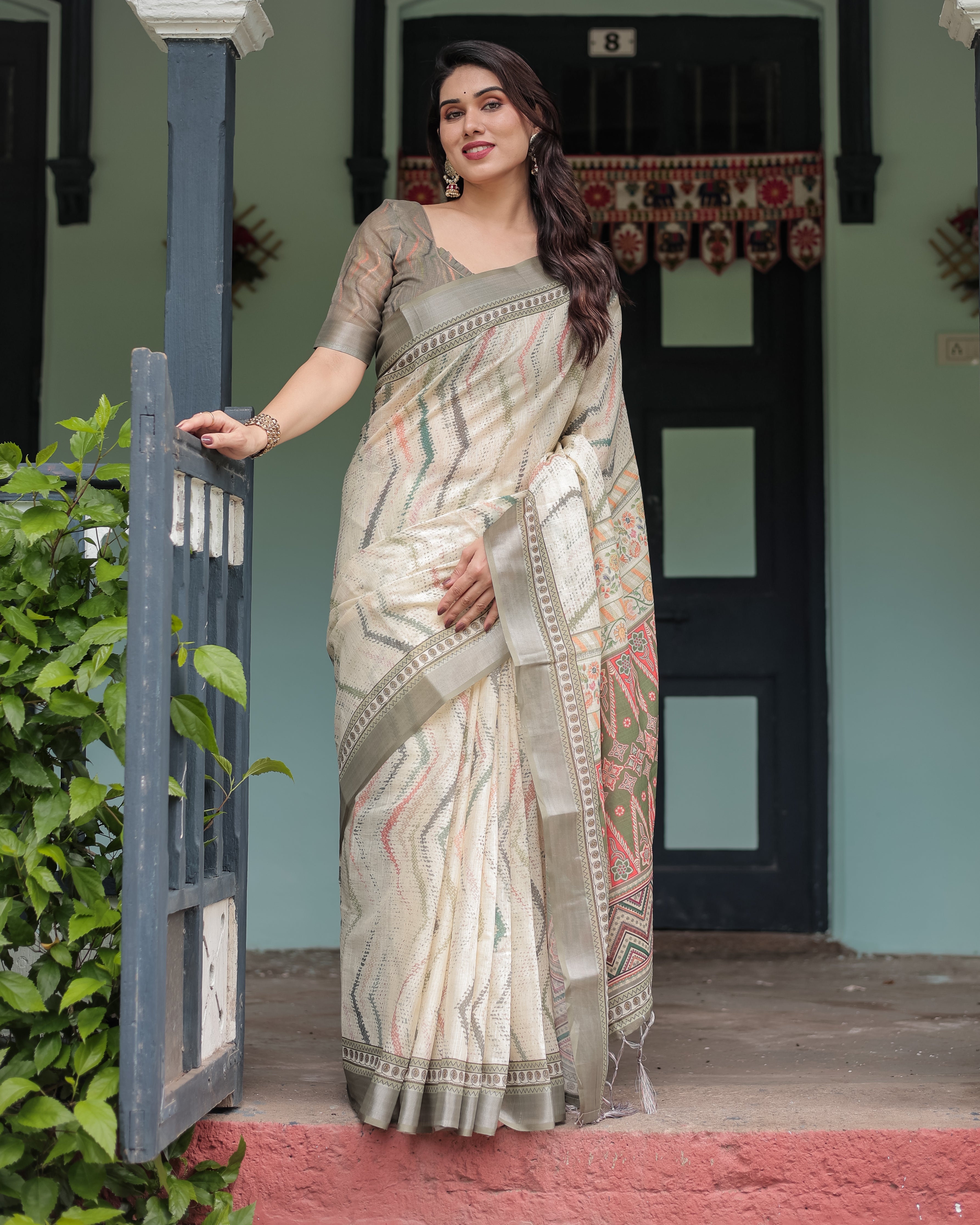 Pastel Green Color Premium Linen Printed Saree