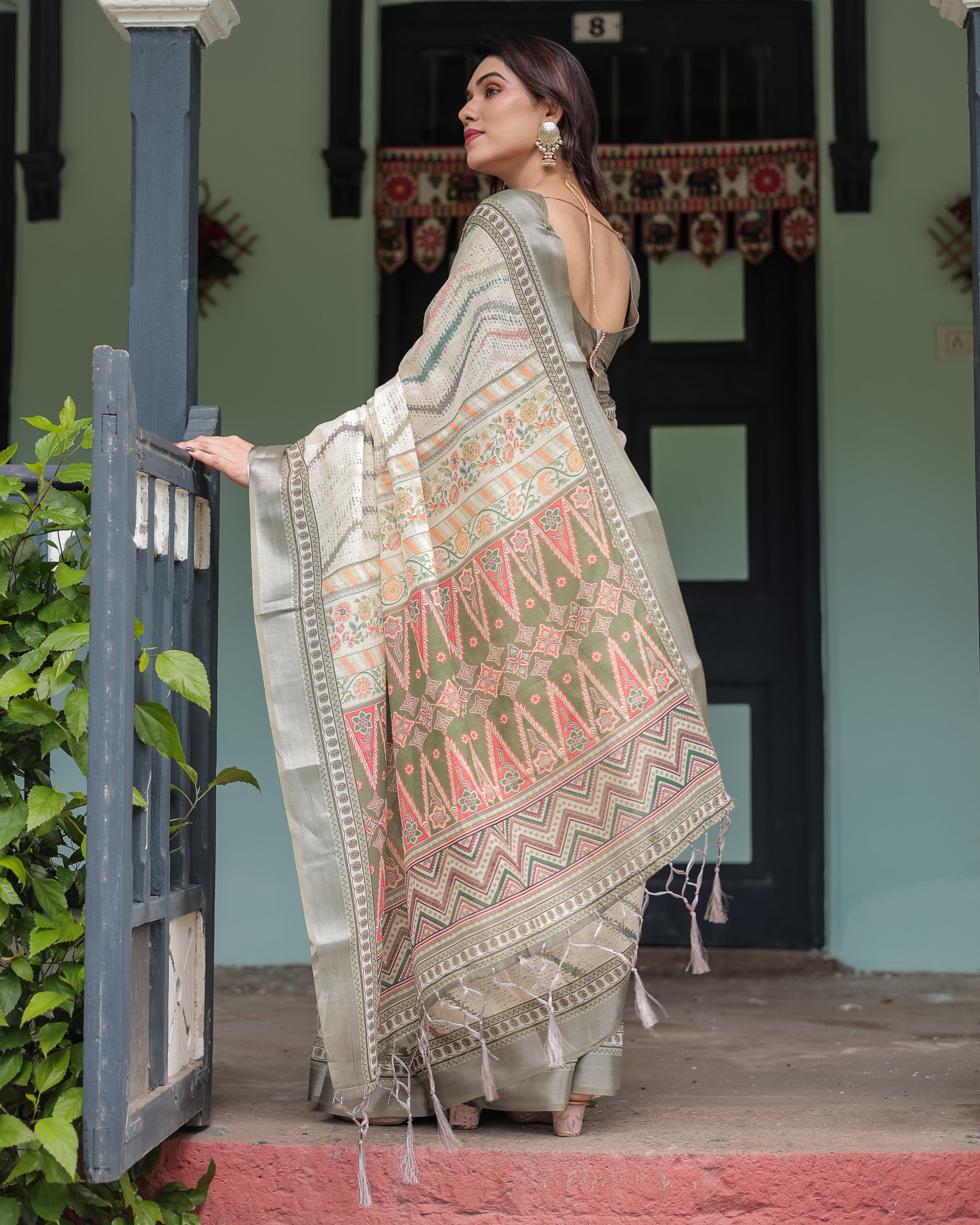 Pastel Green Color Premium Linen Printed Saree