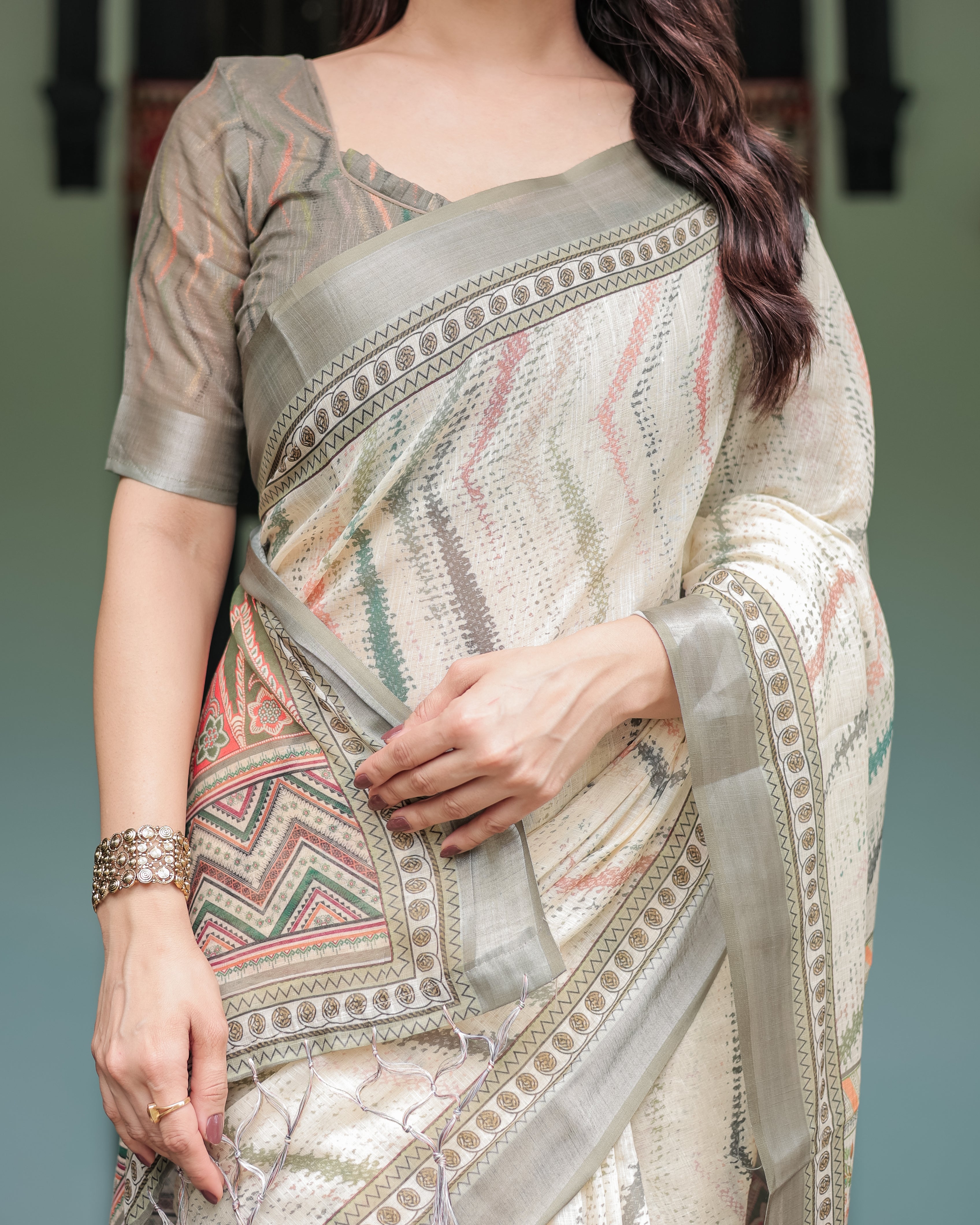 Pastel Green Color Premium Linen Printed Saree