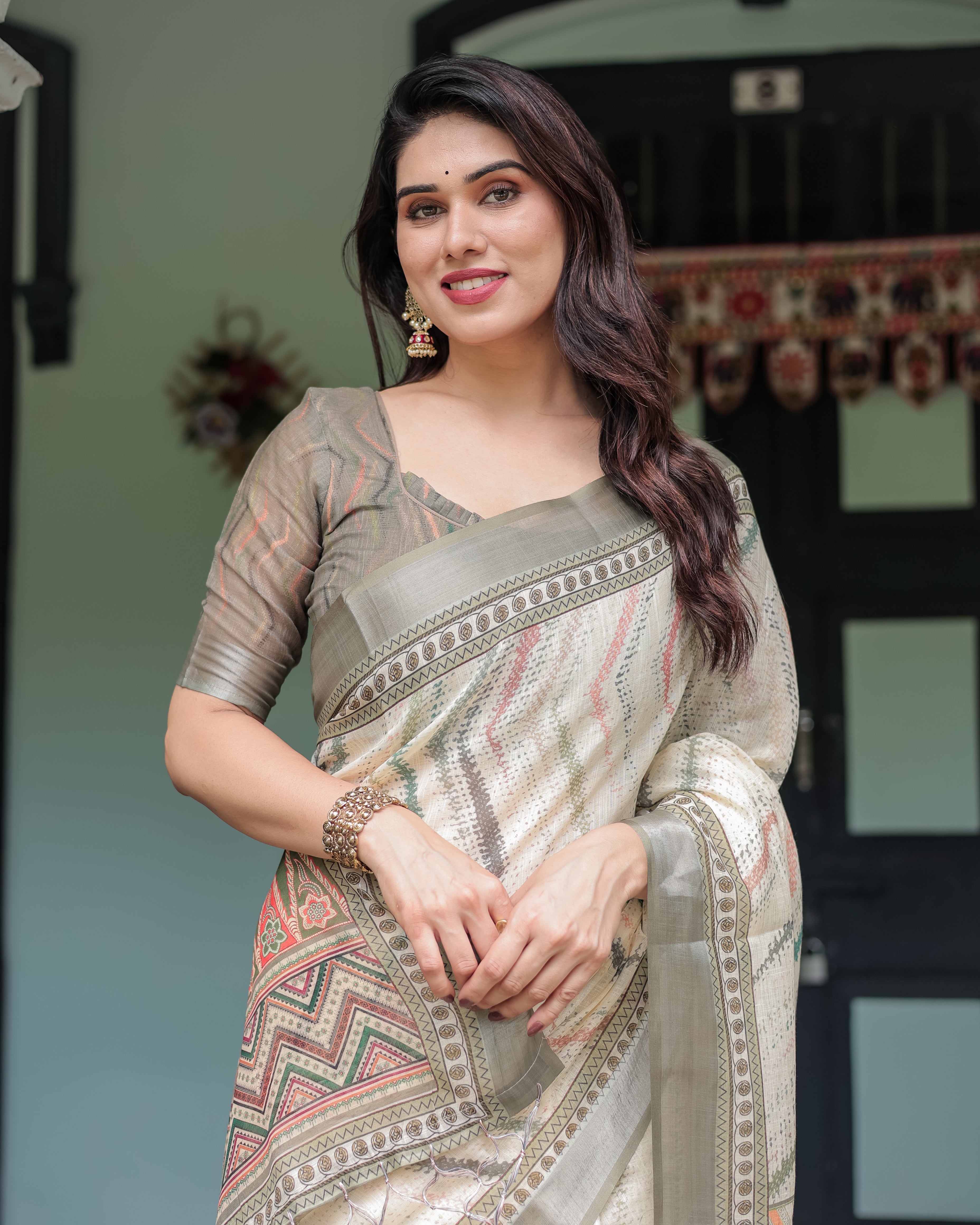 Pastel Green Color Premium Linen Printed Saree