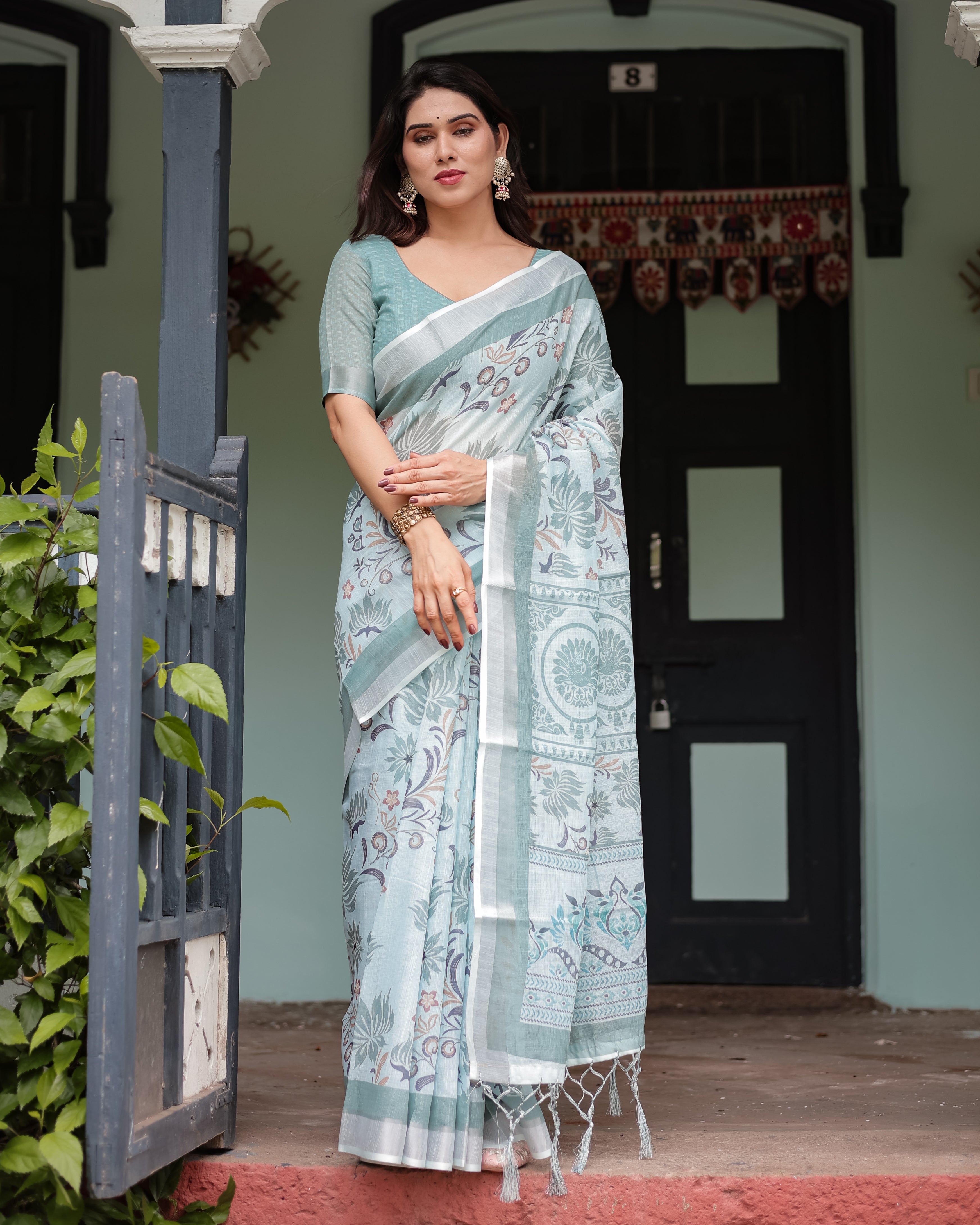 Patel Green Color Printed Linen Trendy Saree