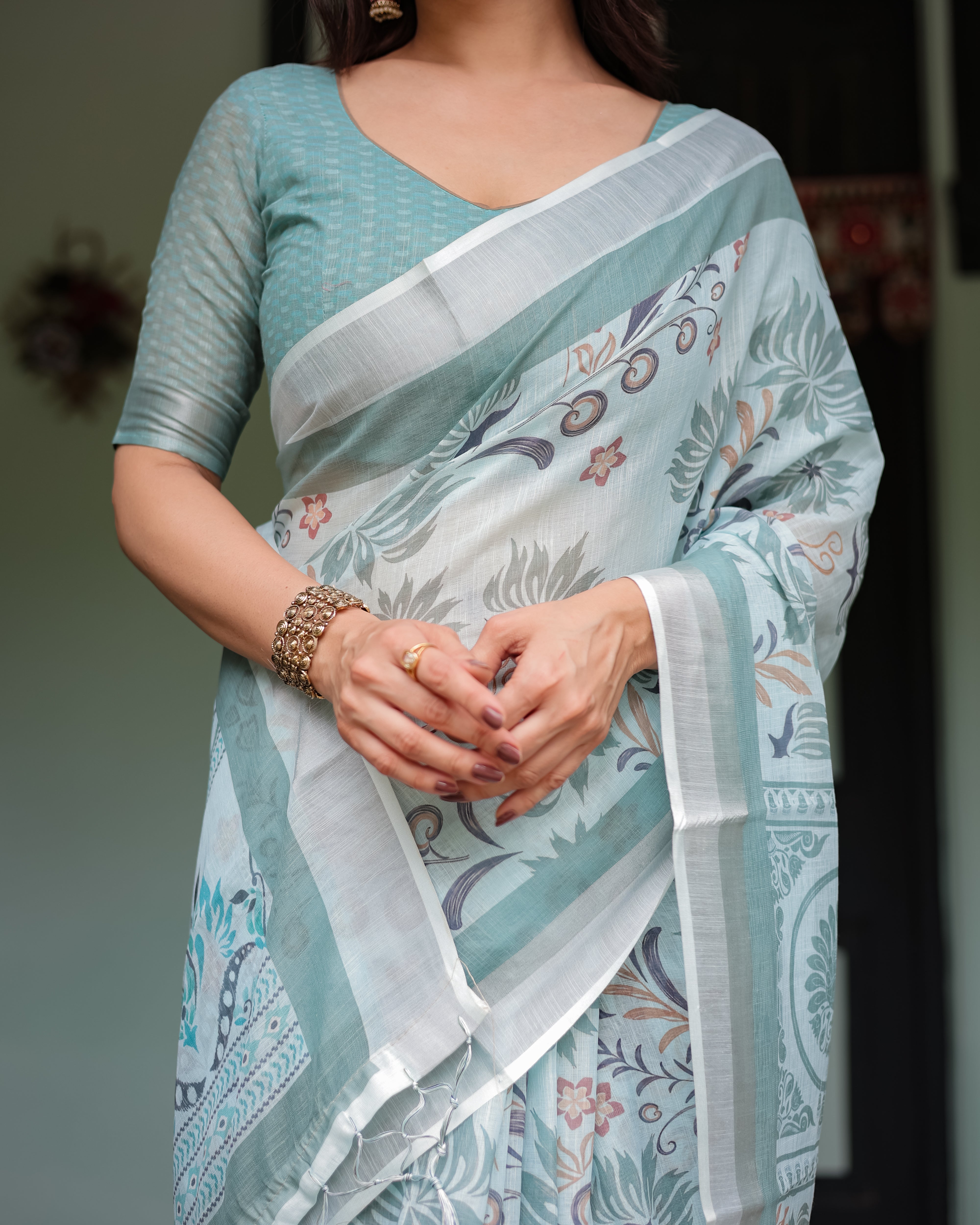 Patel Green Color Printed Linen Trendy Saree