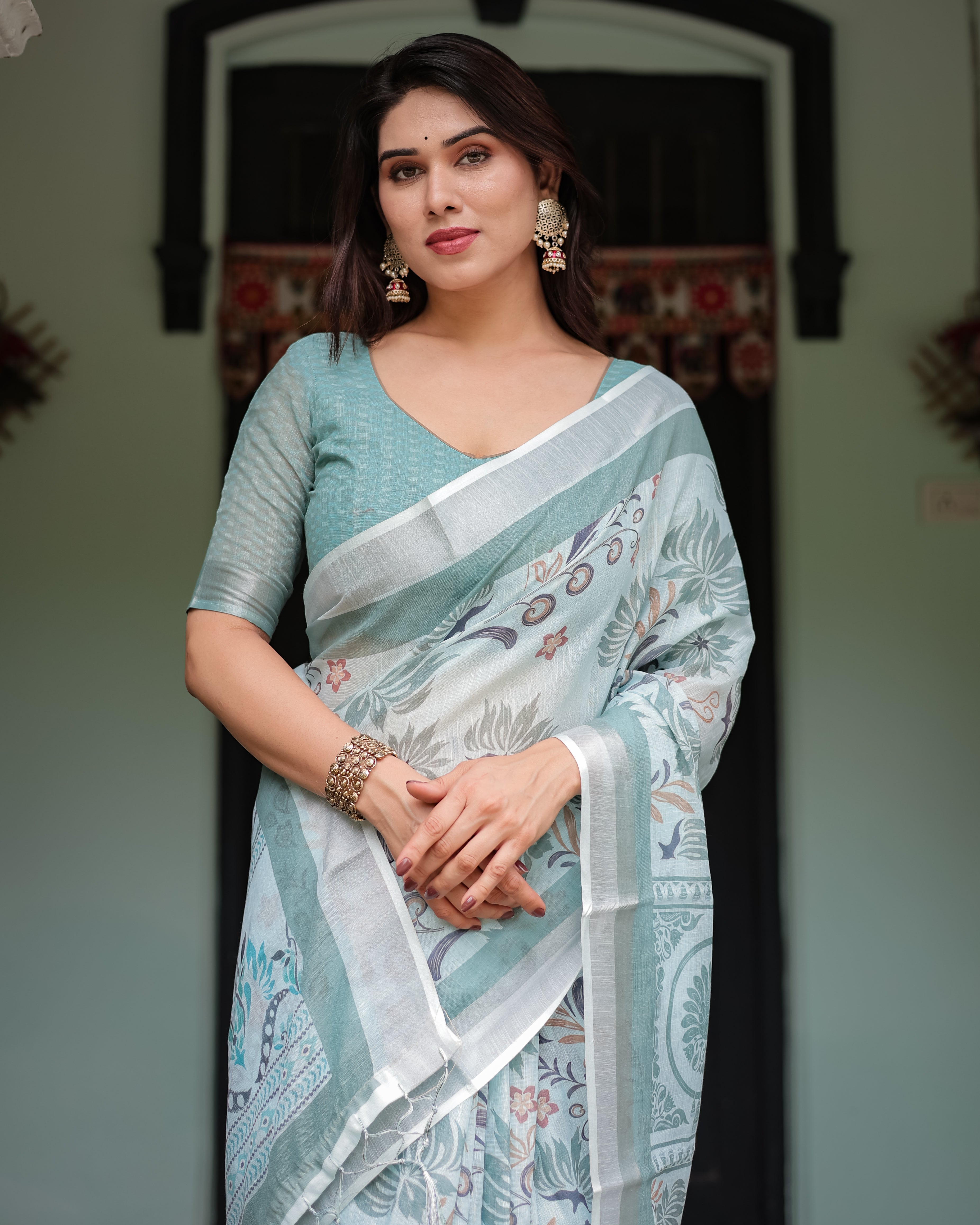 Patel Green Color Printed Linen Trendy Saree