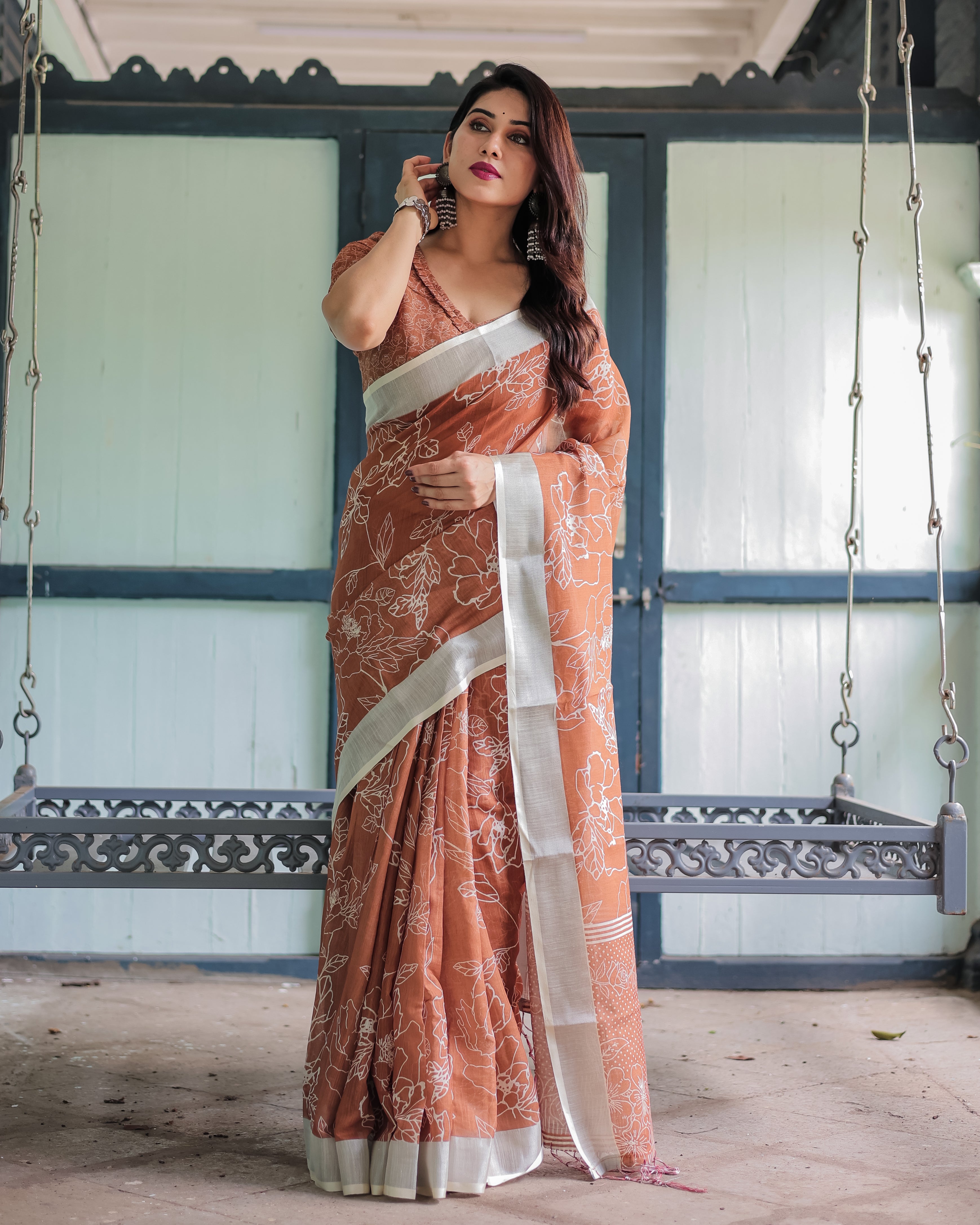 Brown Color Floral Printed Linen Designer Saree