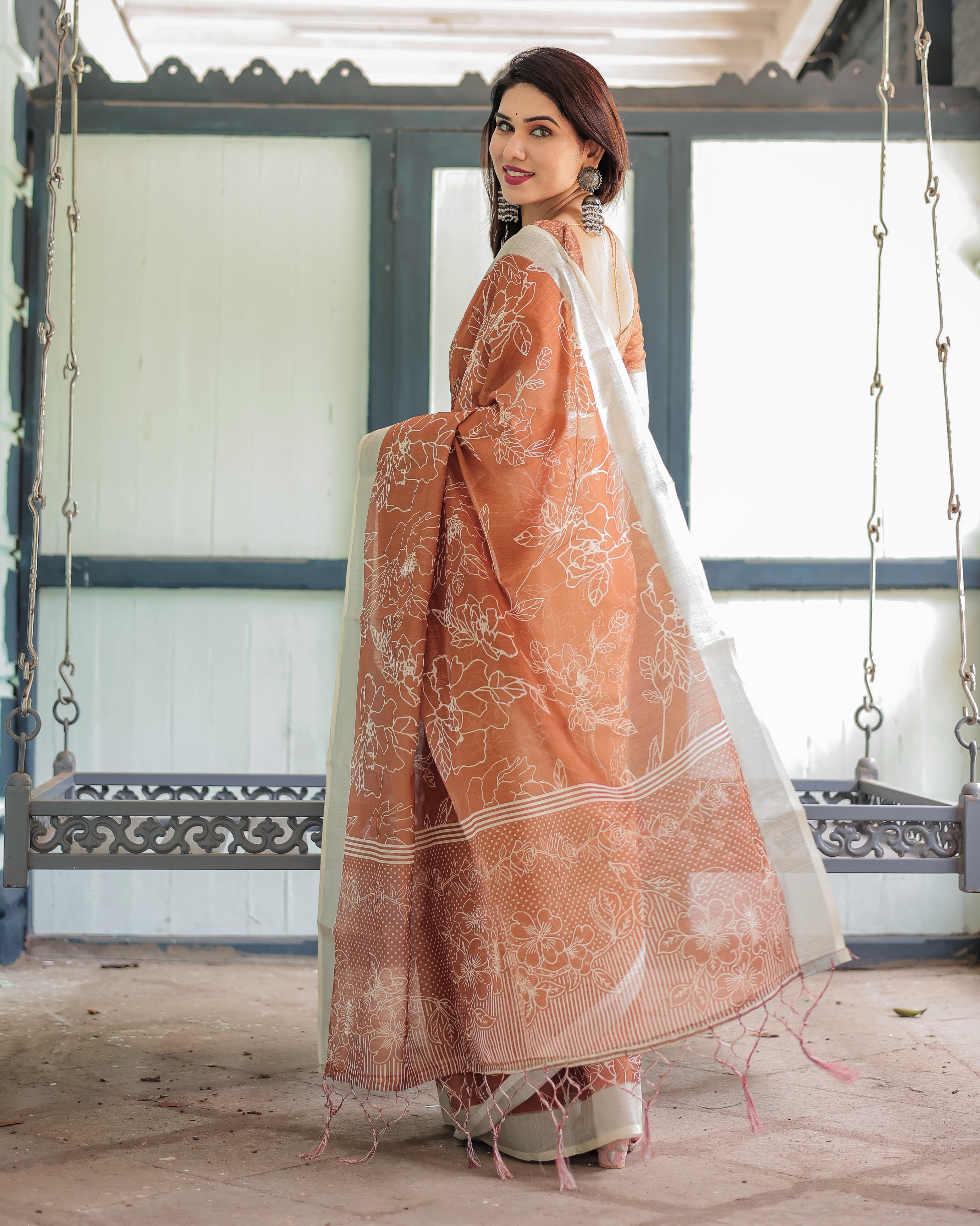 Brown Color Floral Printed Linen Designer Saree