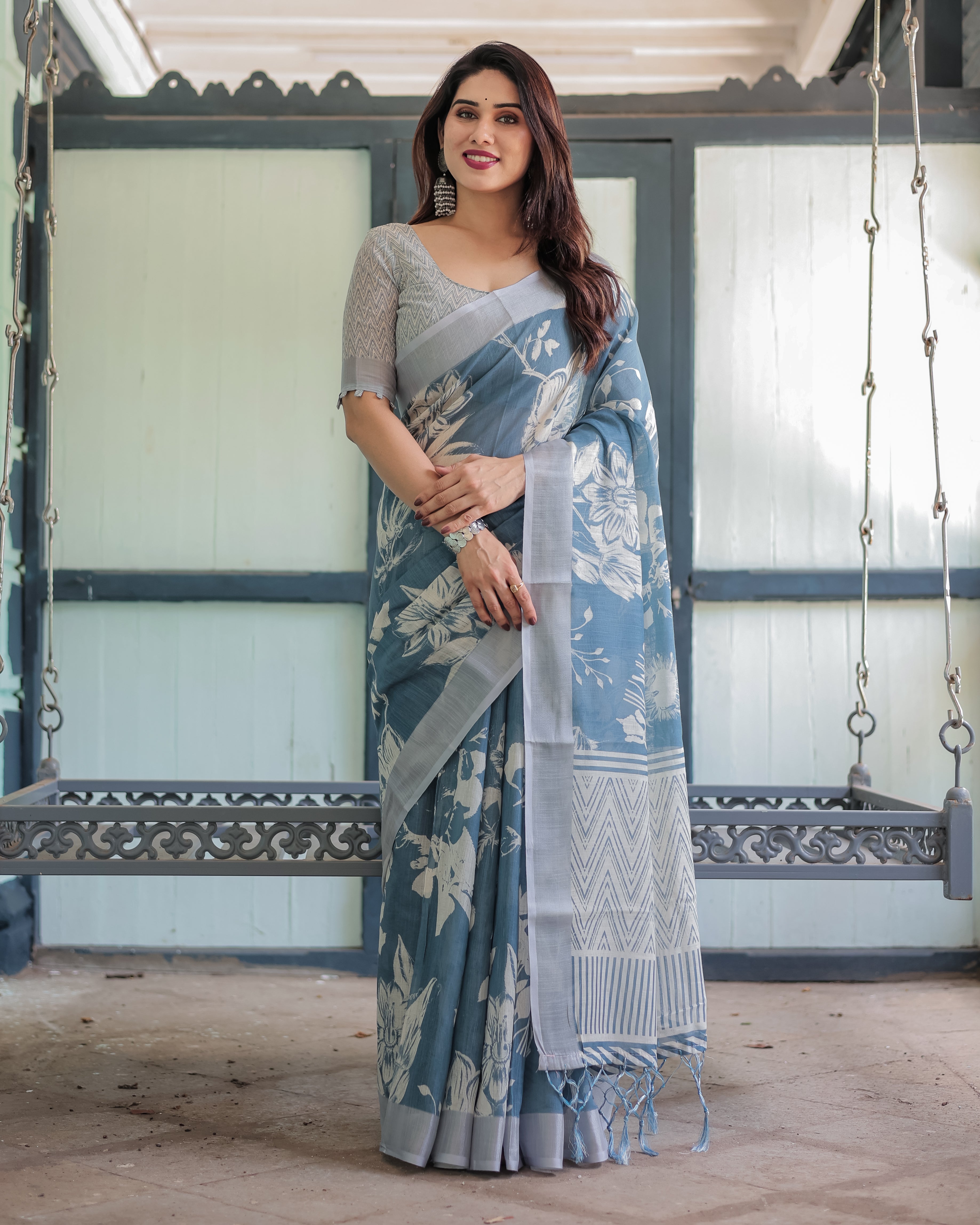 Light Blue Color Linen Floral Printed Saree