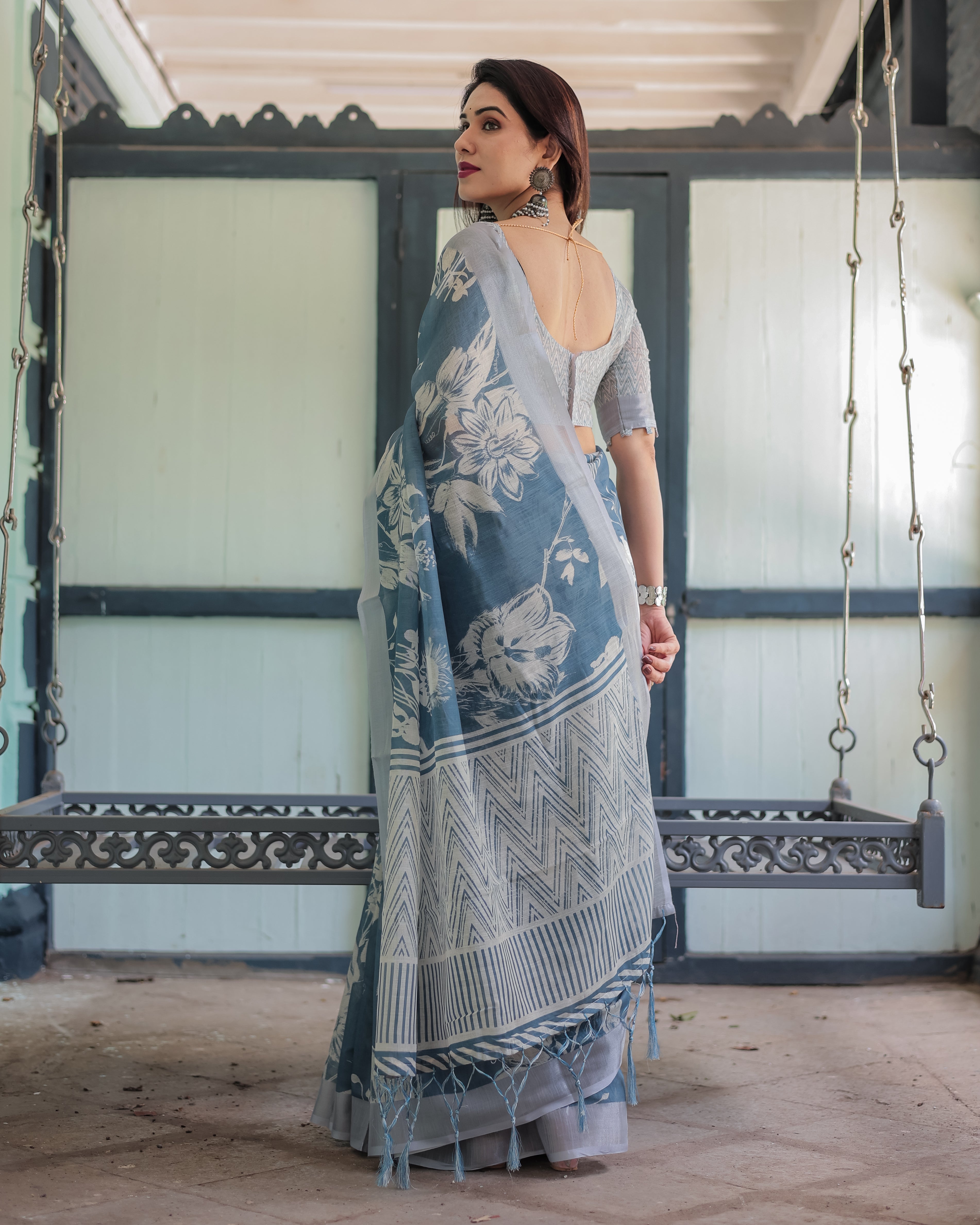 Light Blue Color Linen Floral Printed Saree