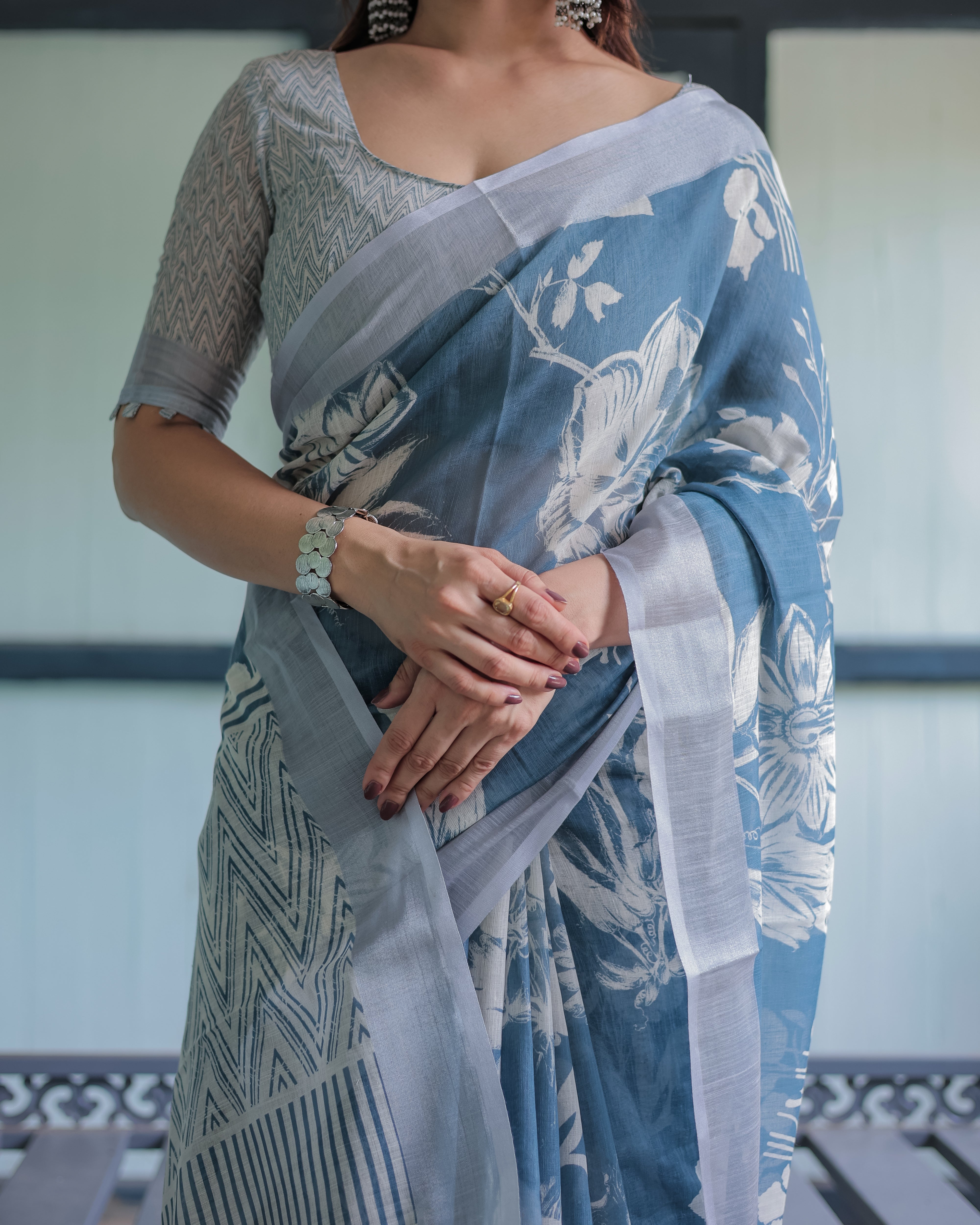 Light Blue Color Linen Floral Printed Saree