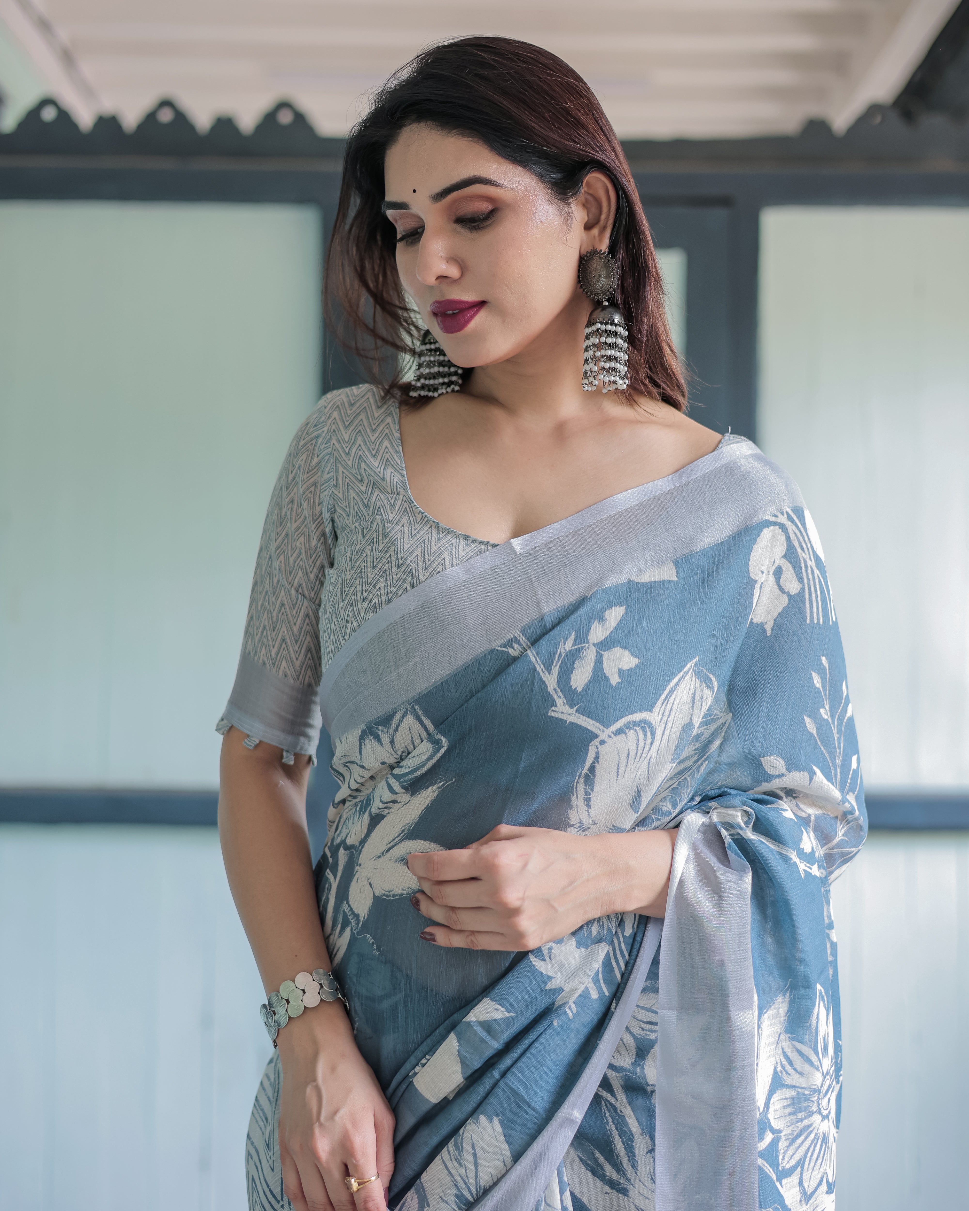 Light Blue Color Linen Floral Printed Saree