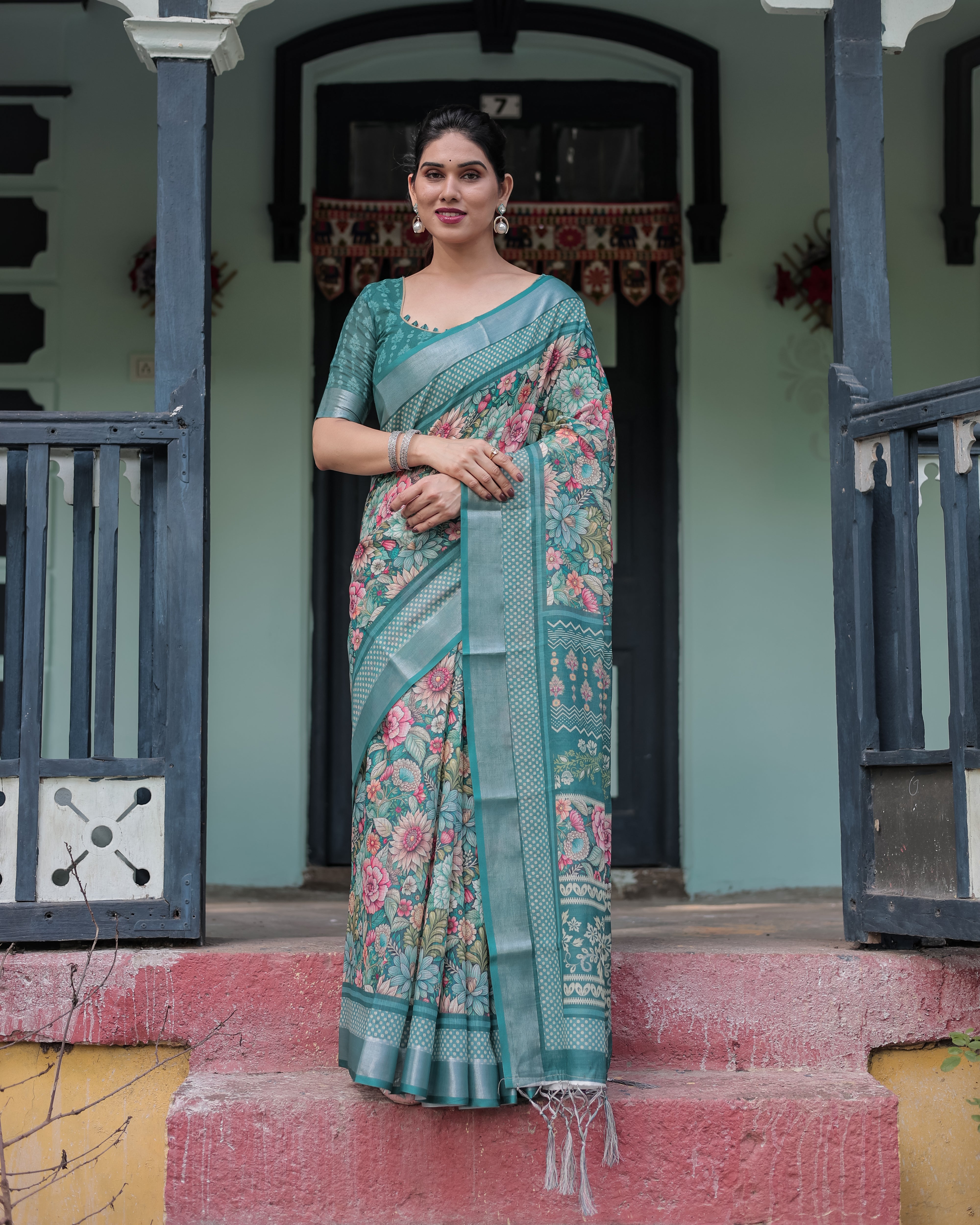 Rama Green Color Floral Printed Linen Saree