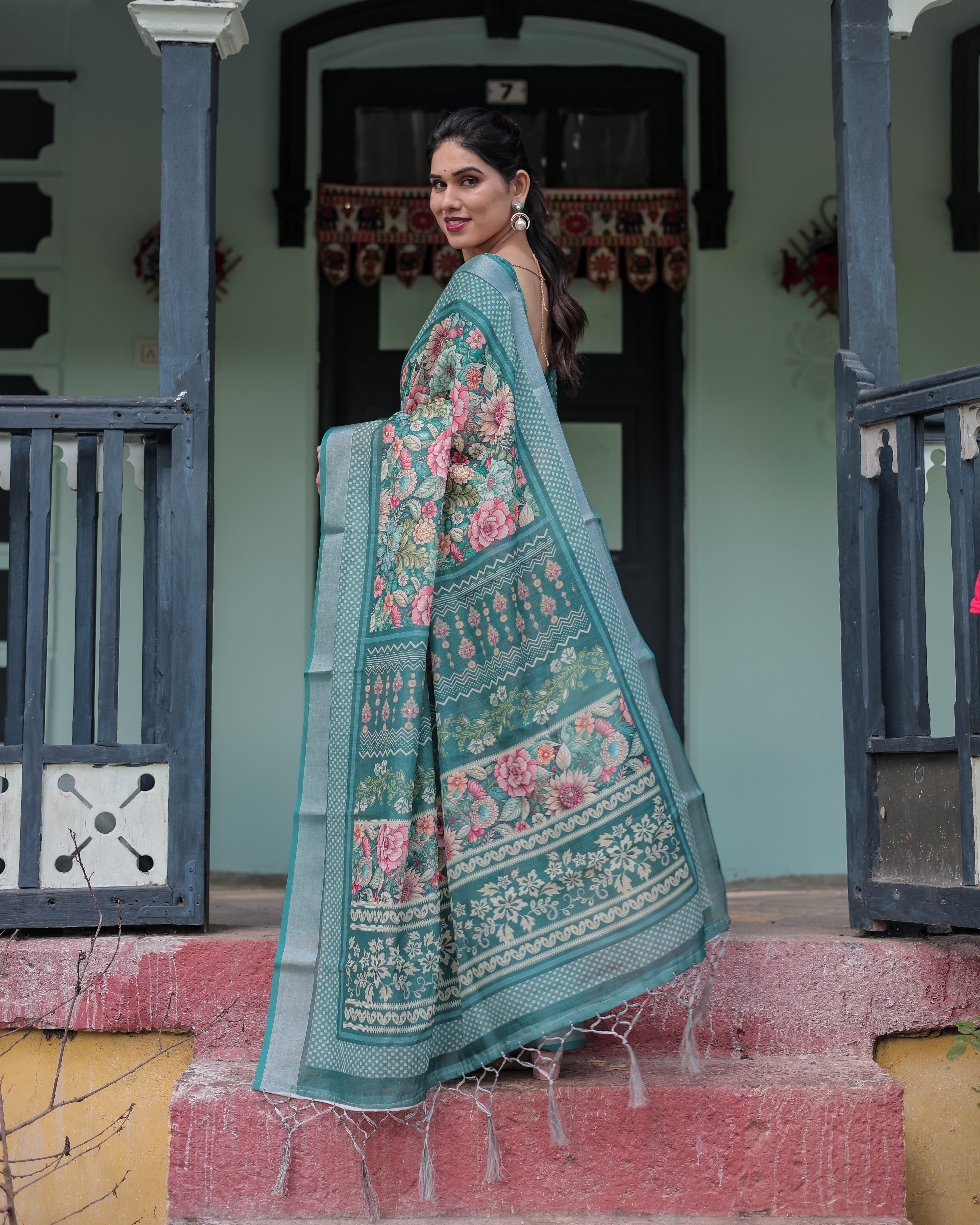 Rama Green Color Floral Printed Linen Saree