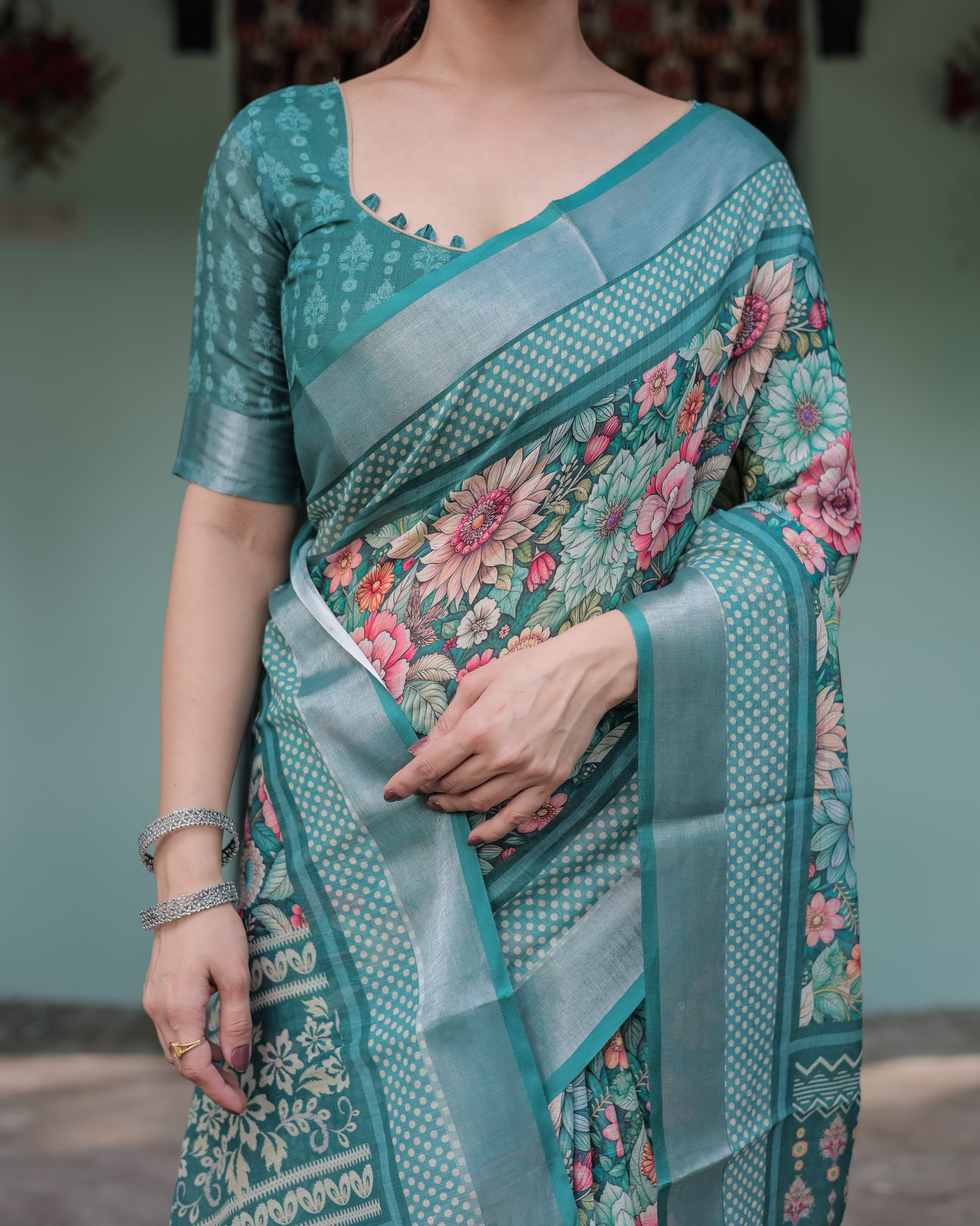 Rama Green Color Floral Printed Linen Saree