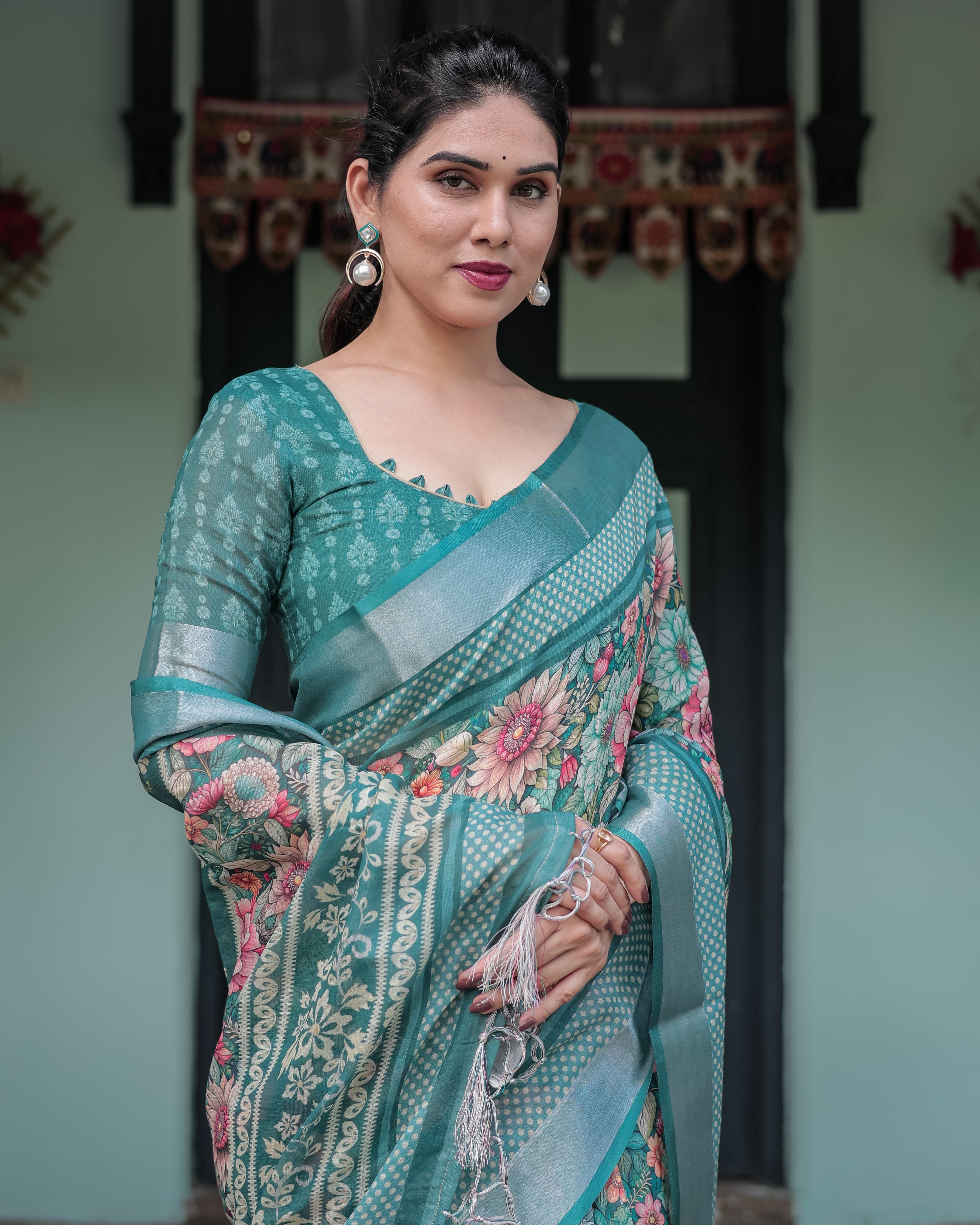 Rama Green Color Floral Printed Linen Saree