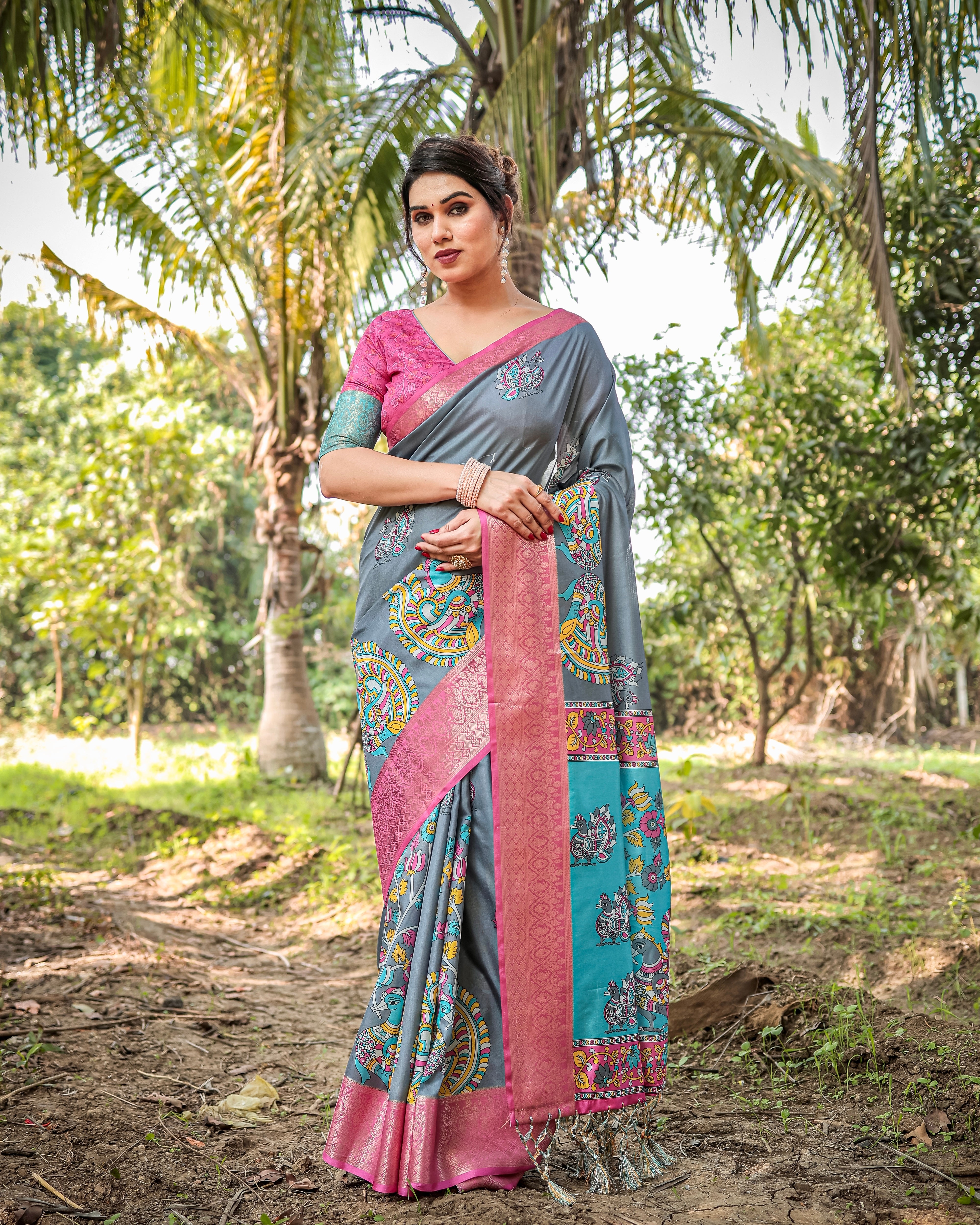 Grey & Blue Color Zari Border Floral Printed Silk Designer Saree