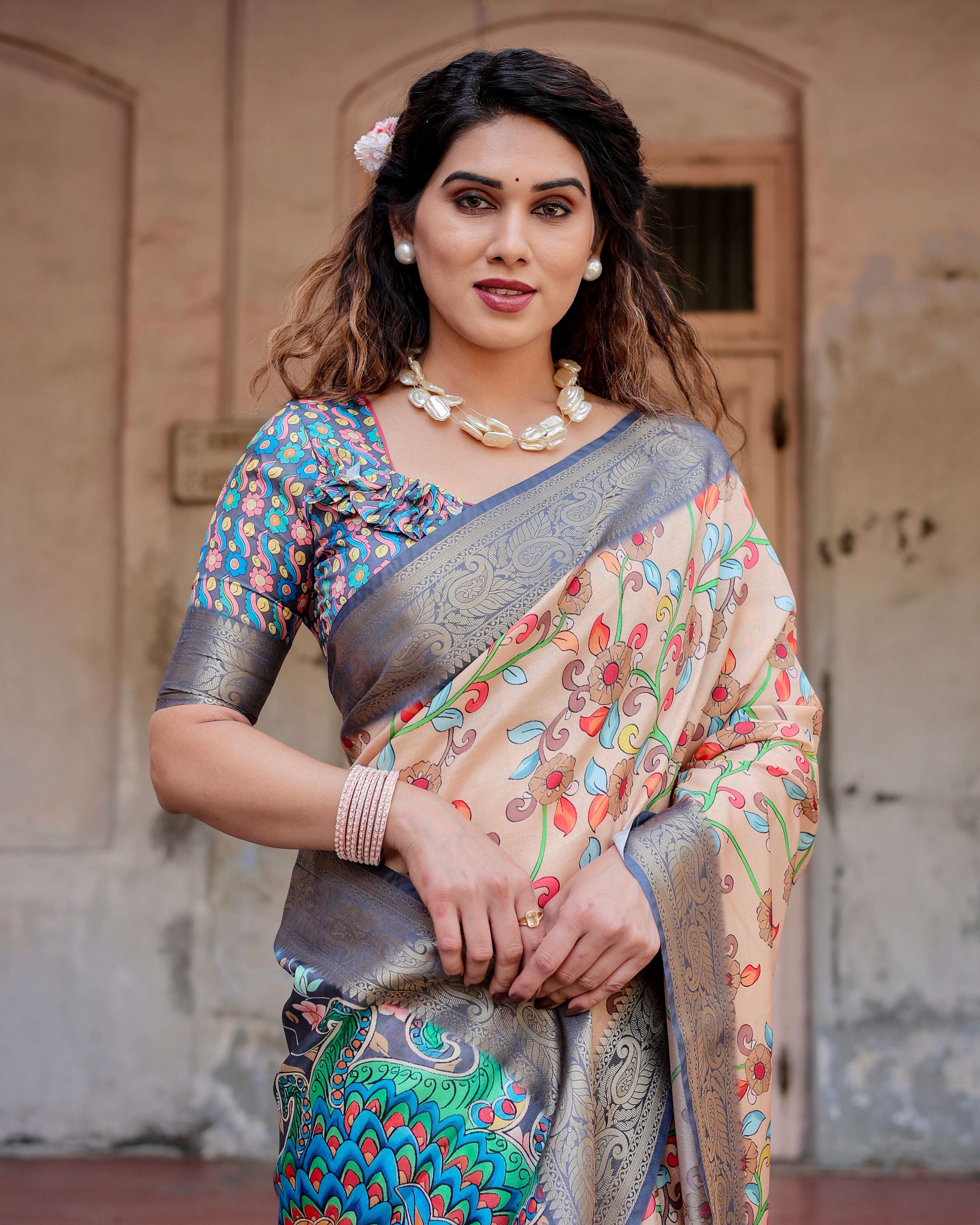 Peach Color Zari Border Floral Printed Silk Designer Saree