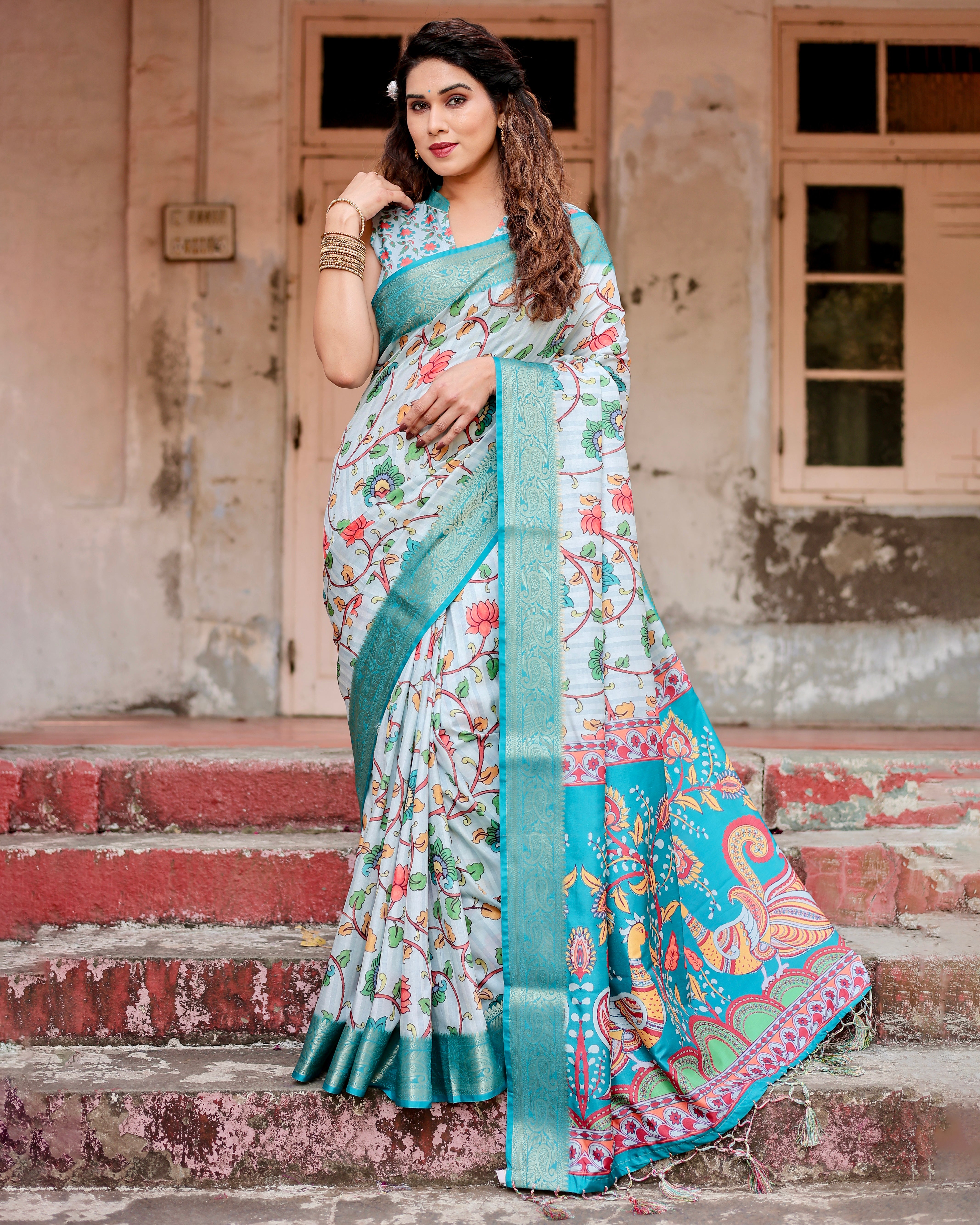 Sky Blue Color Zari Border Floral Printed Silk Designer Saree