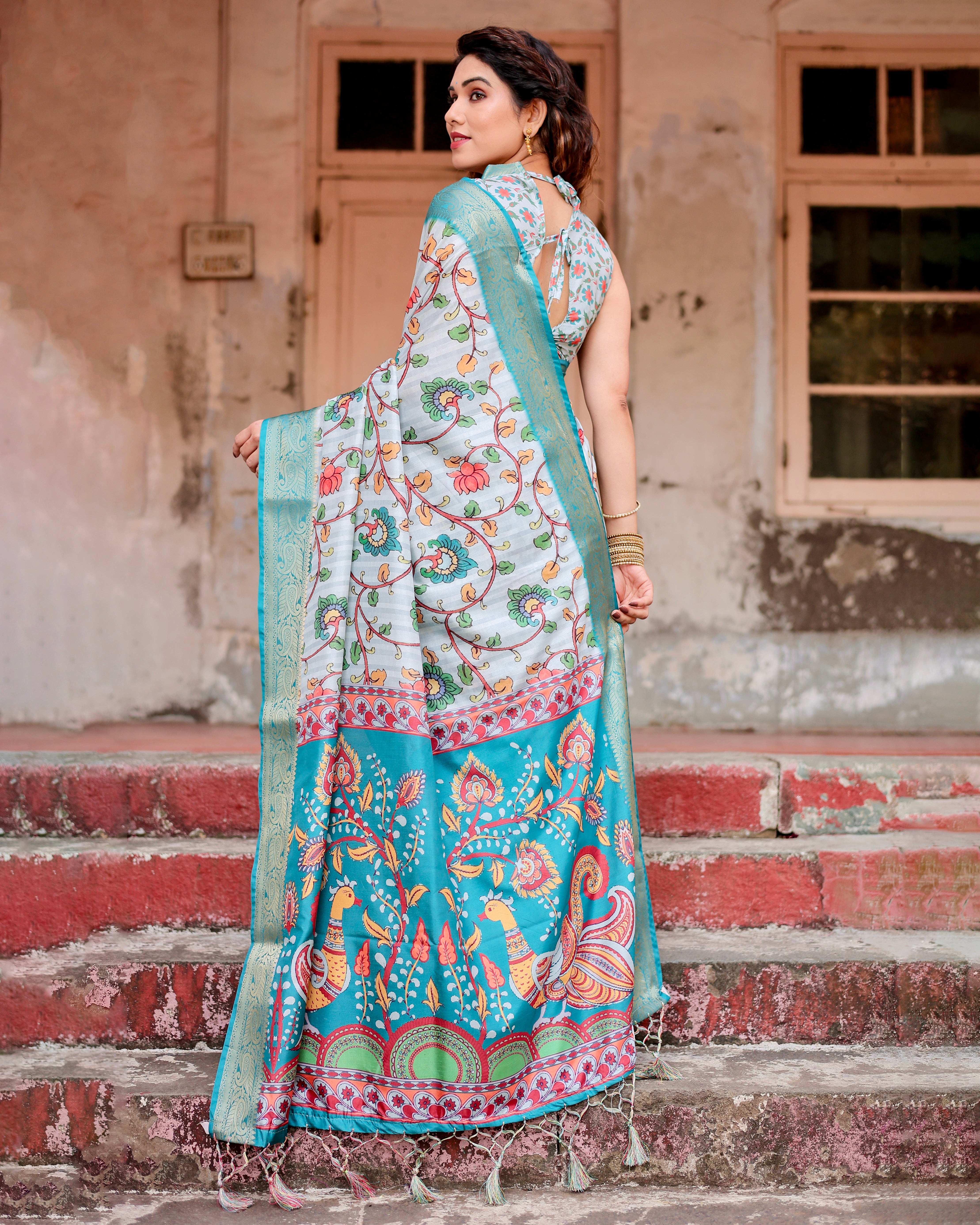 Sky Blue Color Zari Border Floral Printed Silk Designer Saree