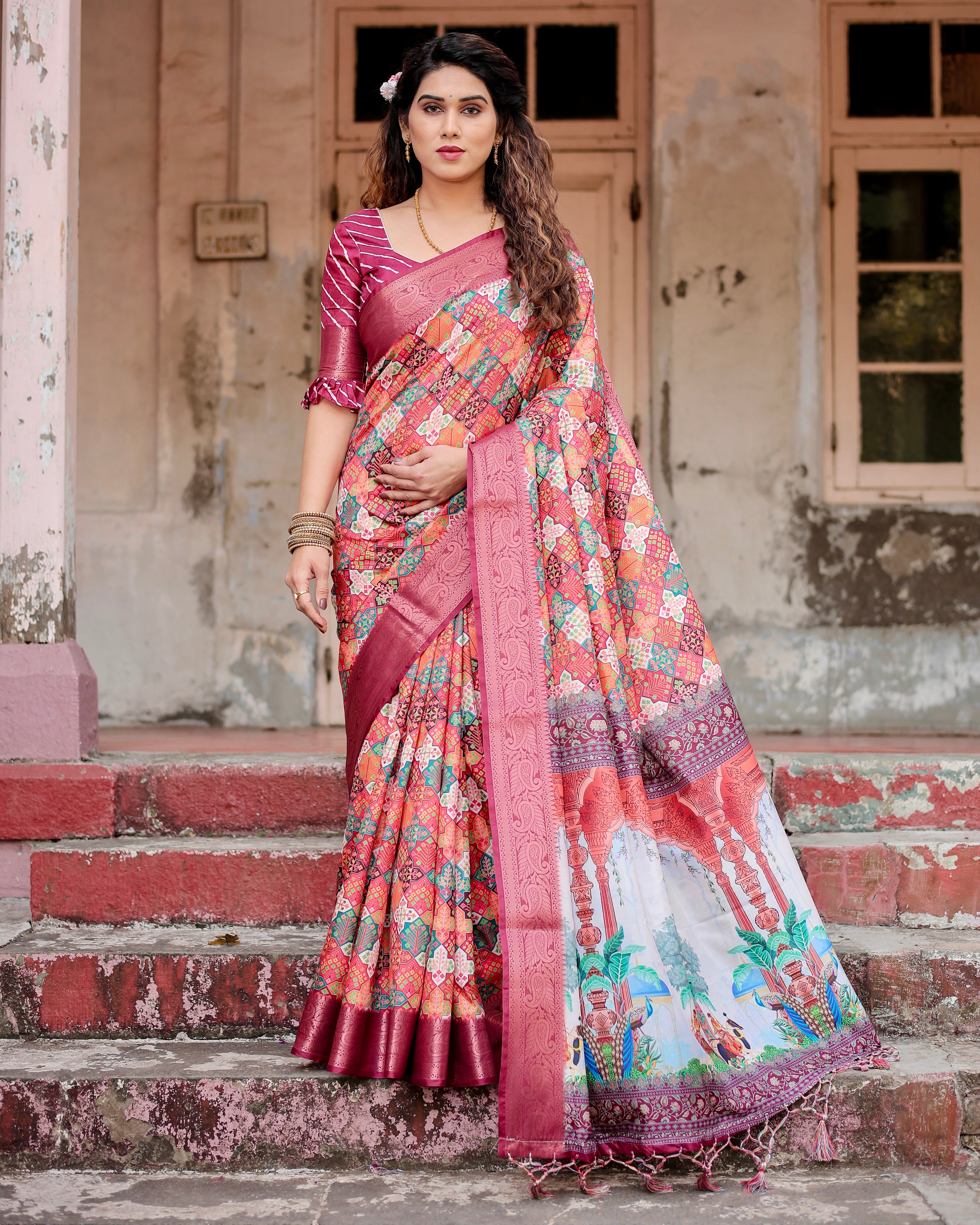 Multi  Color Zari Border Floral Printed Silk Designer Saree