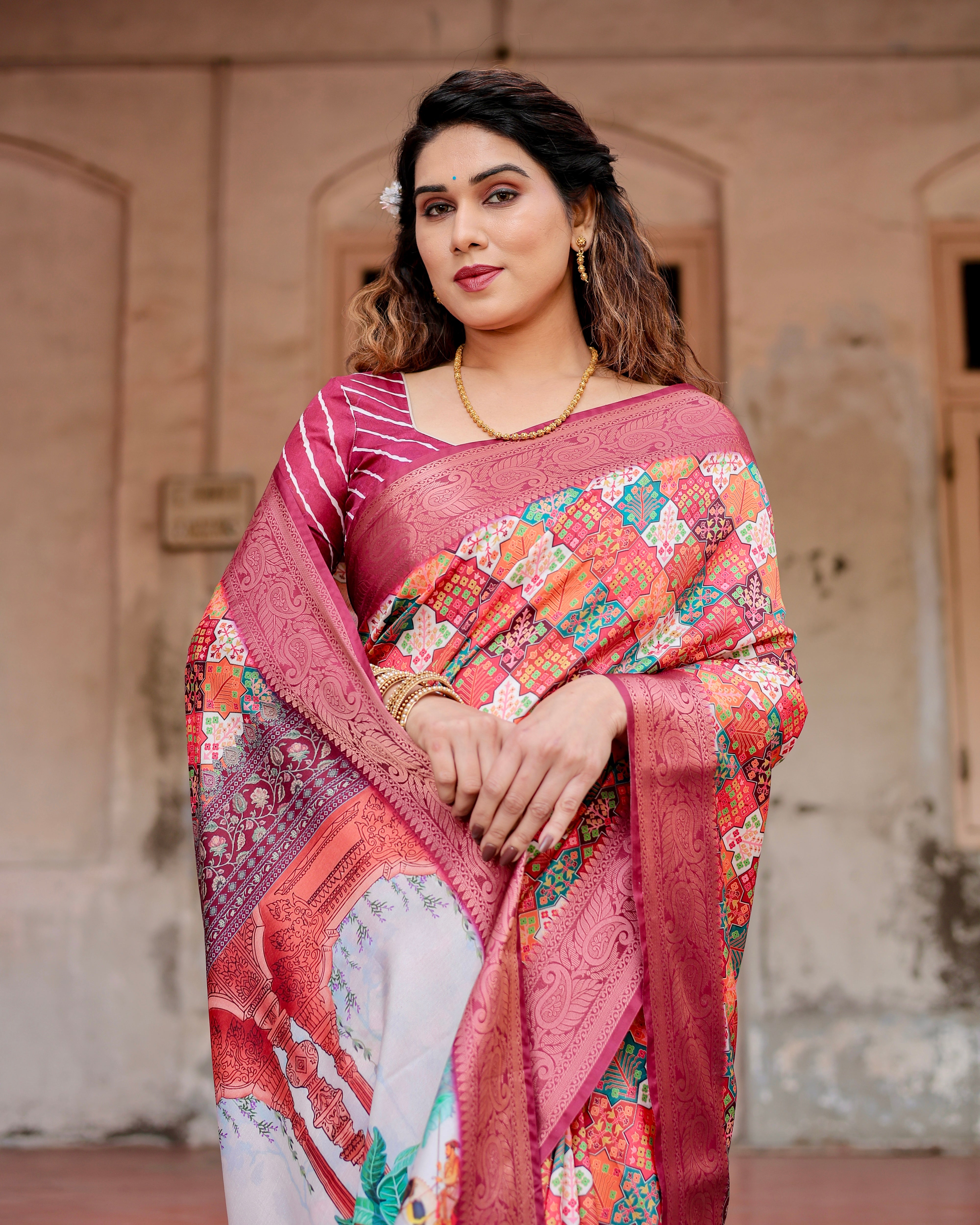 Multi  Color Zari Border Floral Printed Silk Designer Saree