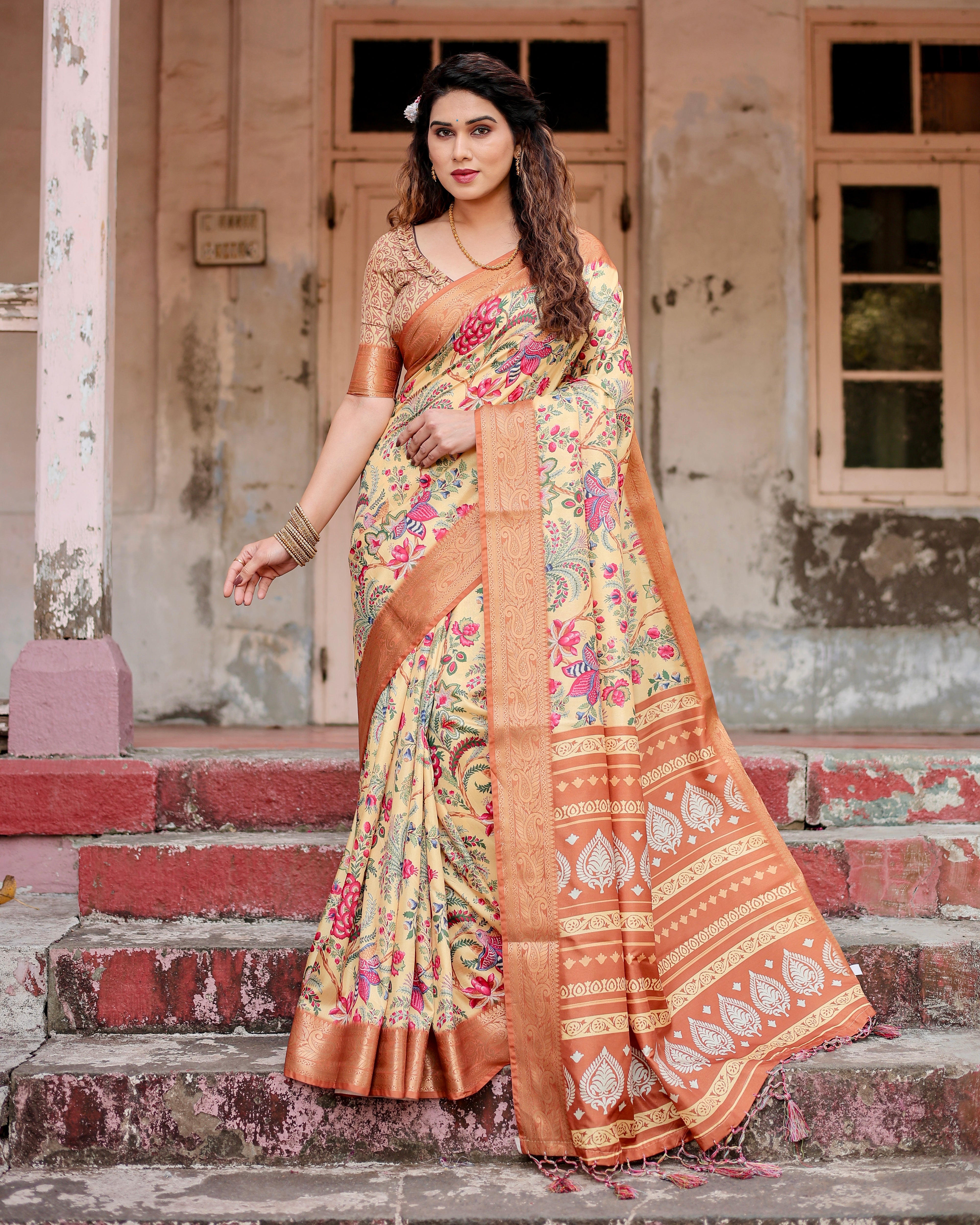 Golden  Color Zari Border Floral Printed Silk Designer Saree